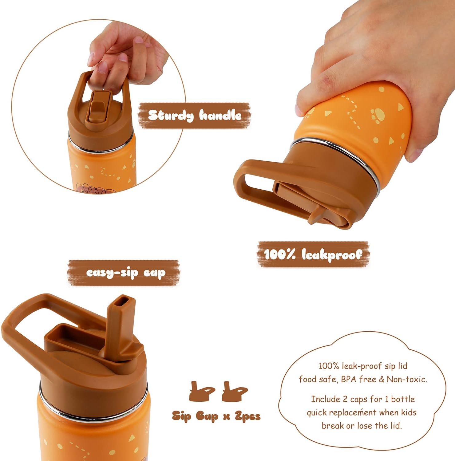 16 oz Stainless Steel Insulated Kids Water Bottle, Leak Proof Metal Thermal Flask with Straw lid, Cute Toddler Tumbler Cup for School Girls & Boys (Lion, Orange) - Image 4