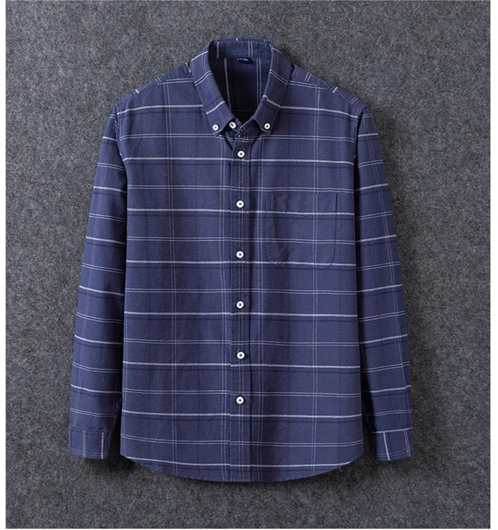 Adhdyuud Camisa de algodón Oxford a rayas para hombre, casual, de negocios, manga larga, a cuadros, ajuste regular, con bolsillo