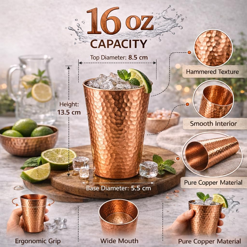 Pure Copper Tumbler Cup 16 oz – Hand Hammered Solid Copper Drinking Cup for Water, Iced Tea and Cocktails – Unlined Copper Glass with Smooth Rim – Handmade Copper Tumbler Pack of 1