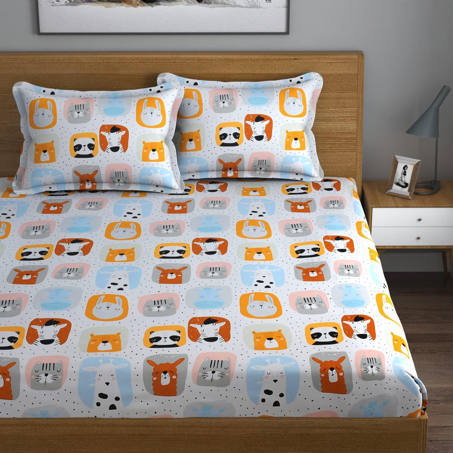 FRESH FROM LOOM Glace Cotton Wrinkle Free Soft Hypoallergenic Bed Sheet with 2 Pillow Cover,Cartoon Printed,Double Bed King Size Kids Bedsheet for Boys & Girls Room(90x95 Inches/Cream/Panda),144 TC