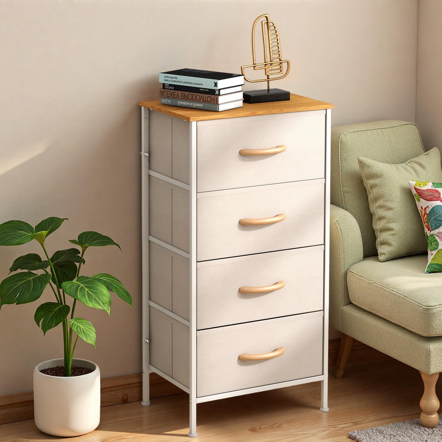 KU Syang Bedroom 4-Drawer Chest Storage Unit, MDF Top Adjustable Feet Anti-Tip Design for Bedroom Living Room, Size 45x30x91cm (17.7x11.8x35.8in), Light Khaki