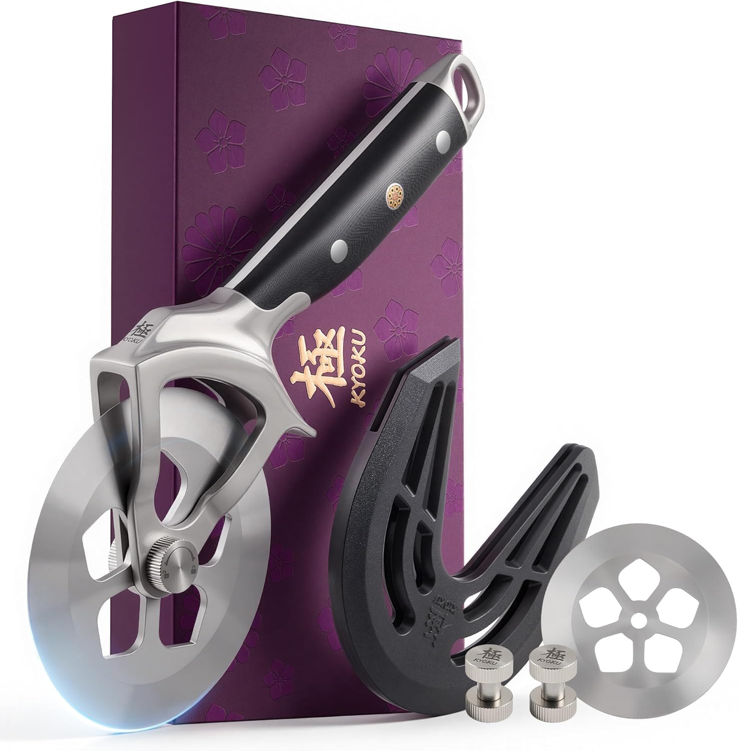 KYOKU 4 in. Pizza Cutter, Detachable Pizza Wheel Cutter with Sakura-Shaped Cutout, High Carbon Steel Wheel Pizza Slicer with 2 Wheel Blades Brush Hand Guard, Pizza Wheel Slicer for Pie Flatbread
