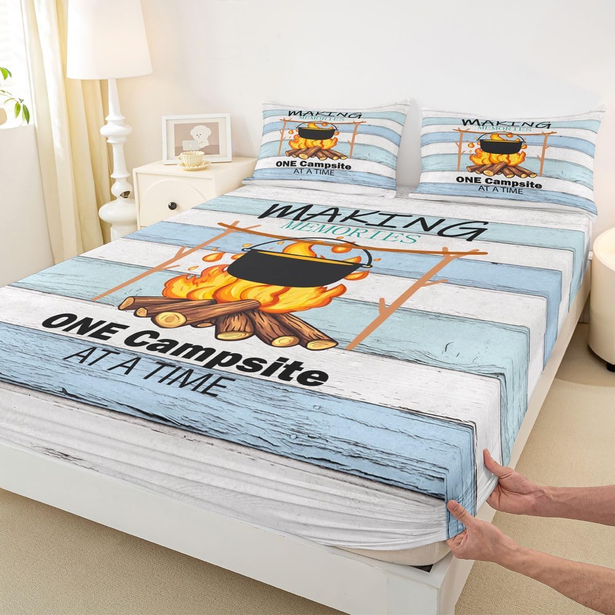 Feelyou Camper Bed Sheets Set Full Size Happy Camping Bed Set RV Camping Deep Pocket Fitted Sheet Camper Accessories for Travel Trailers Breathable Soft Lightweight Microfiber Cartoon Camping