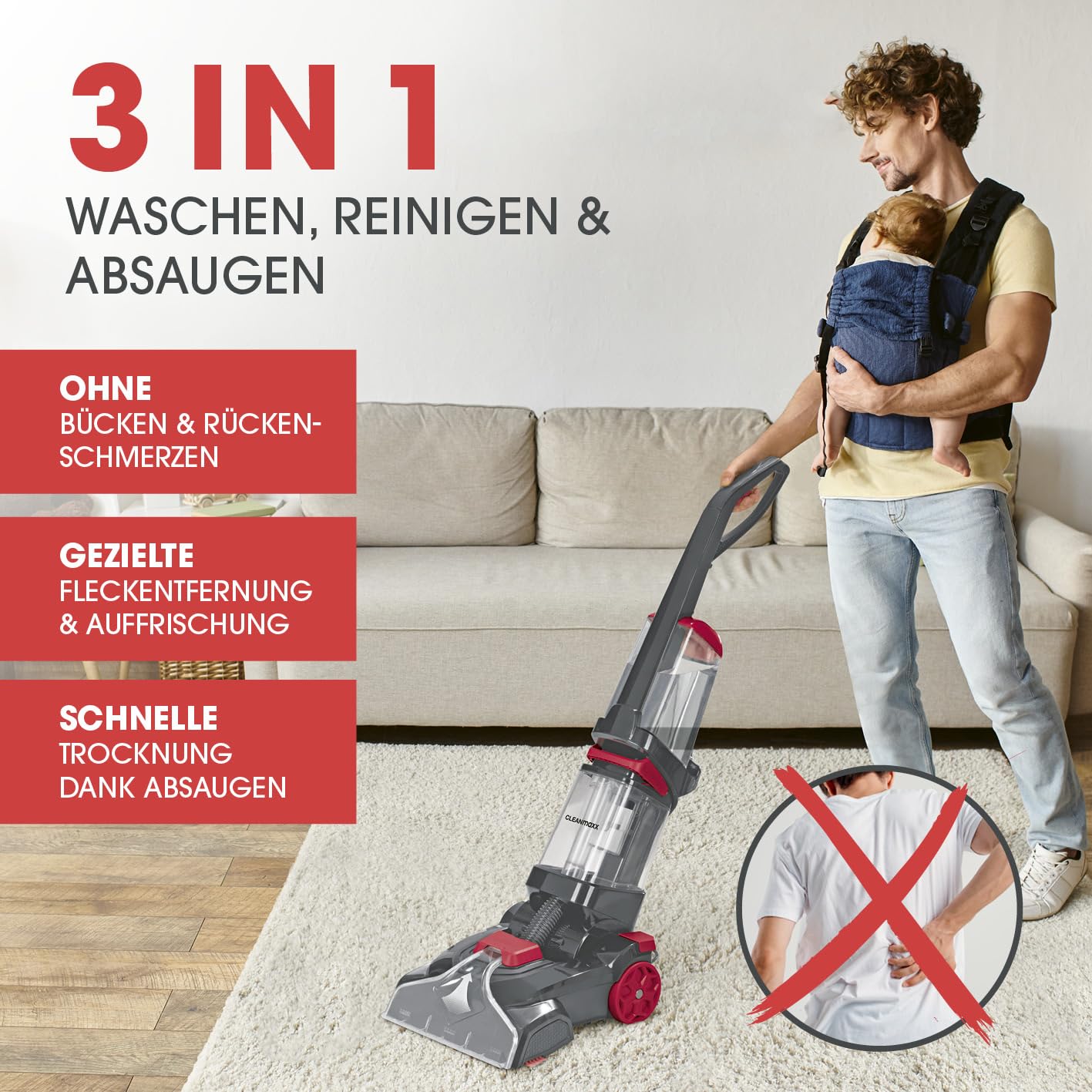 CLEANmaxx Środek do czyszczenia dywanów i twardych podłóg do mycia, odświeżania i odkurzania dywanów, artykułów wykładanych, mostów, dywaników i chodników | system czyszczenia z wibracyjnymi i