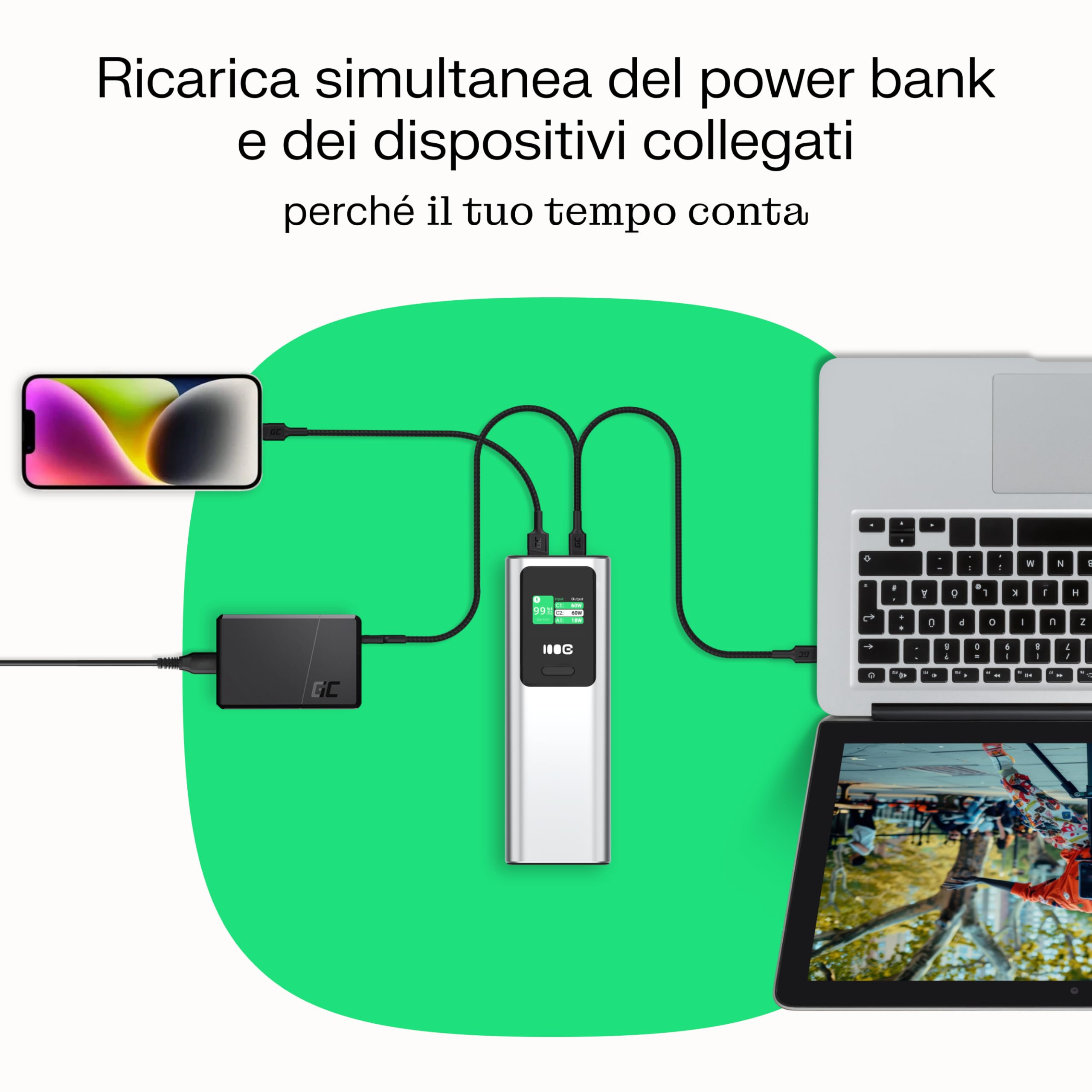 Greencell PowerPlay Ultra Powerbank 25200 mAh 140 W, USB-C PD, ricarica rapida per laptop, MacBook, iPhone 16/15/14 Pro Max, display LCD, caricatore esterno per dispositivi ad alto consumo energetico