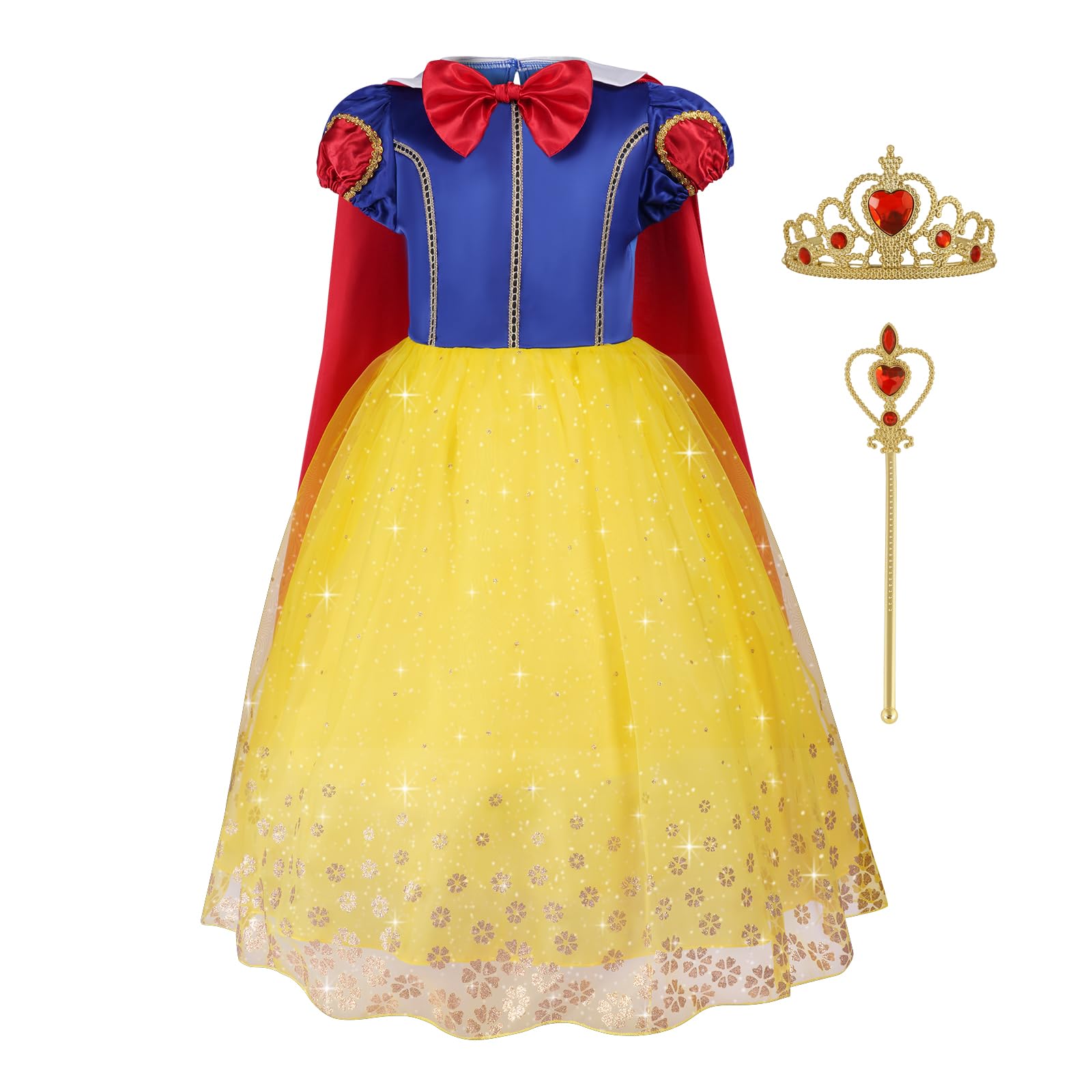 Aomig Weißer Schnee Prinzessin Kostüm Kinder, 4-teiliges Set Mädchen Kleid mit Krone und Zauberstab, Cosplay Lang Kleidung für Karneval Verkleidung Halloween Geburtstag Party, 100-150
