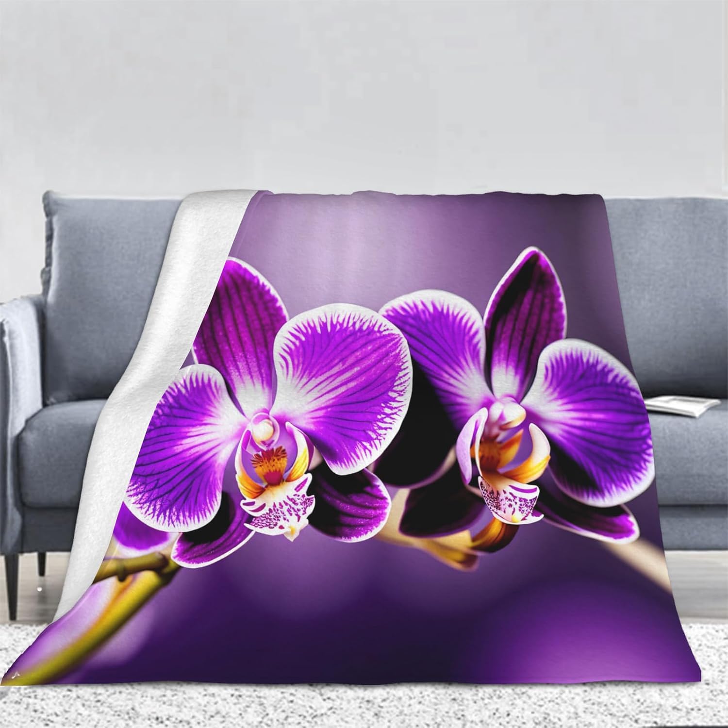 Couverture Polaire 180 x 220 cm Violet, Plaid Polaire Orchidée Couverture 3D Imprimée Flanelle Blanket Literie 2 Personnes, Couvertures Doux et Chaude pour Canape Lit K155