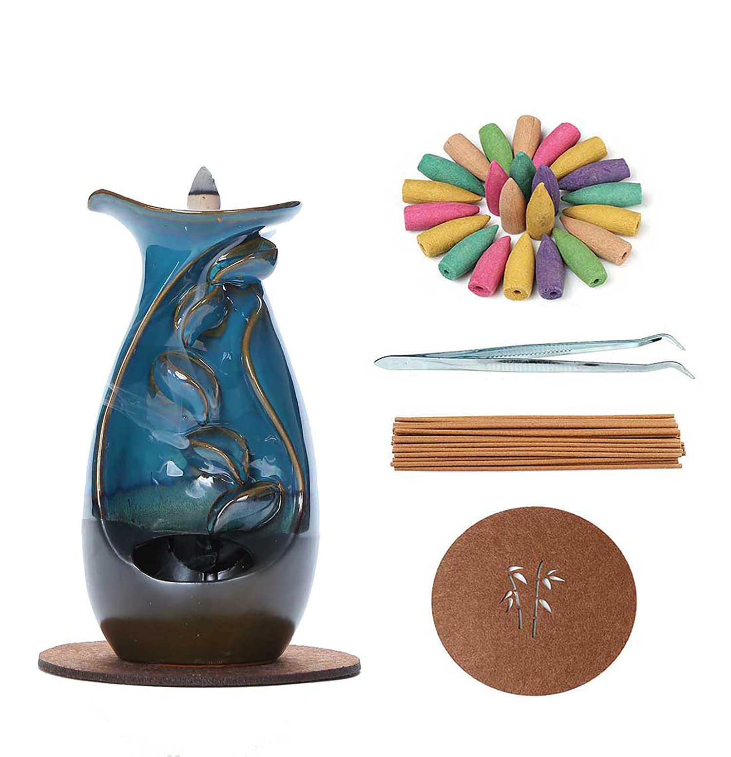 IDB Ceramic Waterfall Backflow Incense Burner, A Stunning Incense Cone Holder with a Relaxing Back Flow Smoke Water Fall Effect