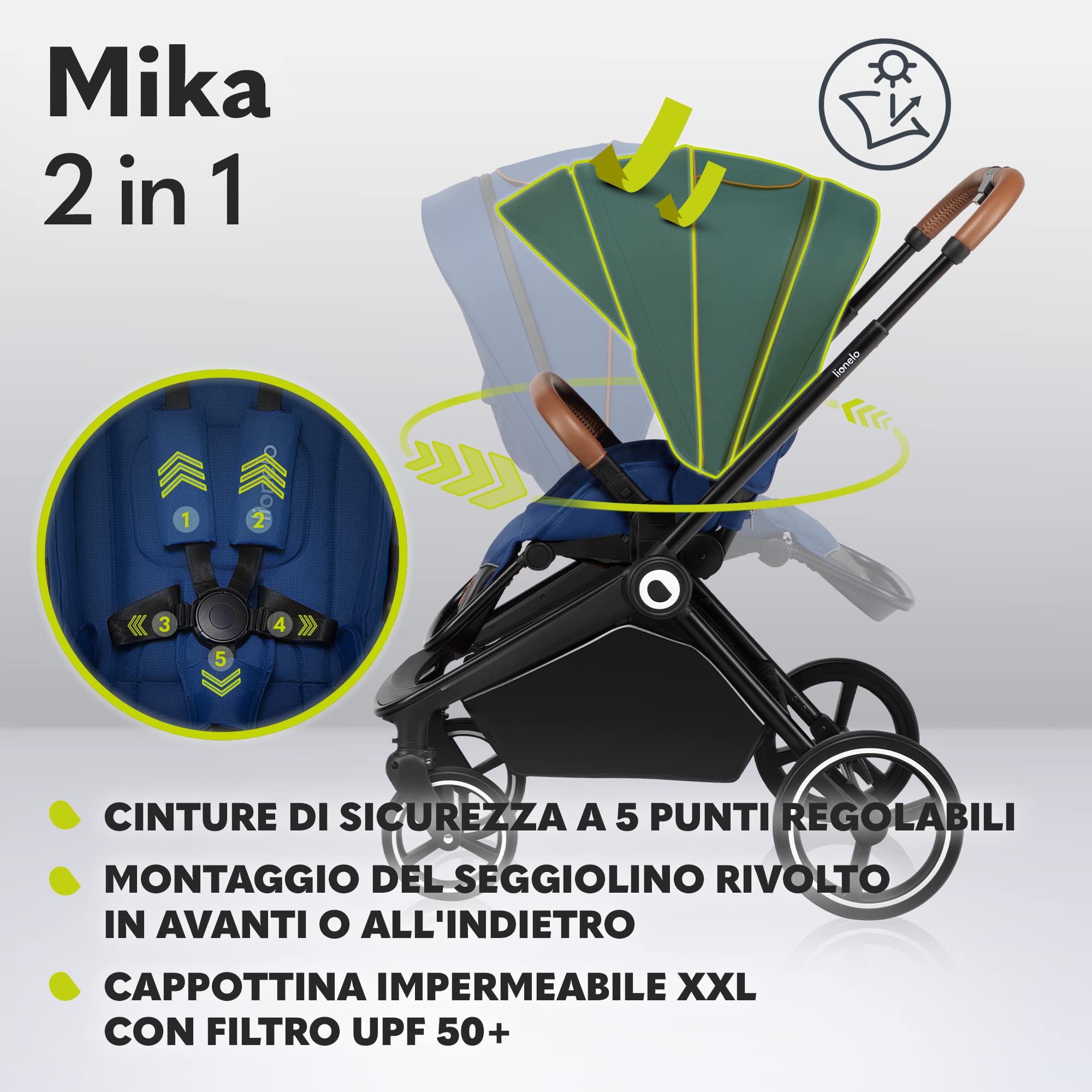 LIONELO Mika Passeggino 2 in 1 con Navicella dalla Nascita a 48 Mesi | Fino a 22 kg, Seduta a Secchiello Regolabile, Pieghevole e Leggero, Grandi Ruote, Cappottina XXL e Accessori Inclusi