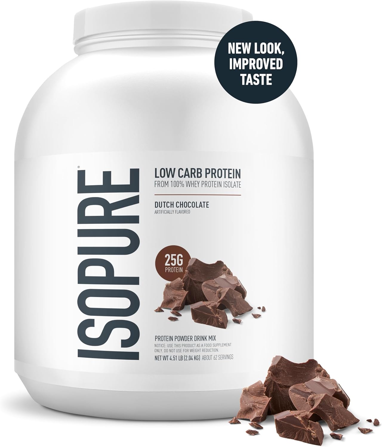 Isopure Low Carb 100% Pure Whey Isolate Protein Powder, Gluten Free, With Vitamins, Dutch Chocolate, 25g Protein Per Serving, 4.5 Lbs, 62 Servings (Packaging May Vary)