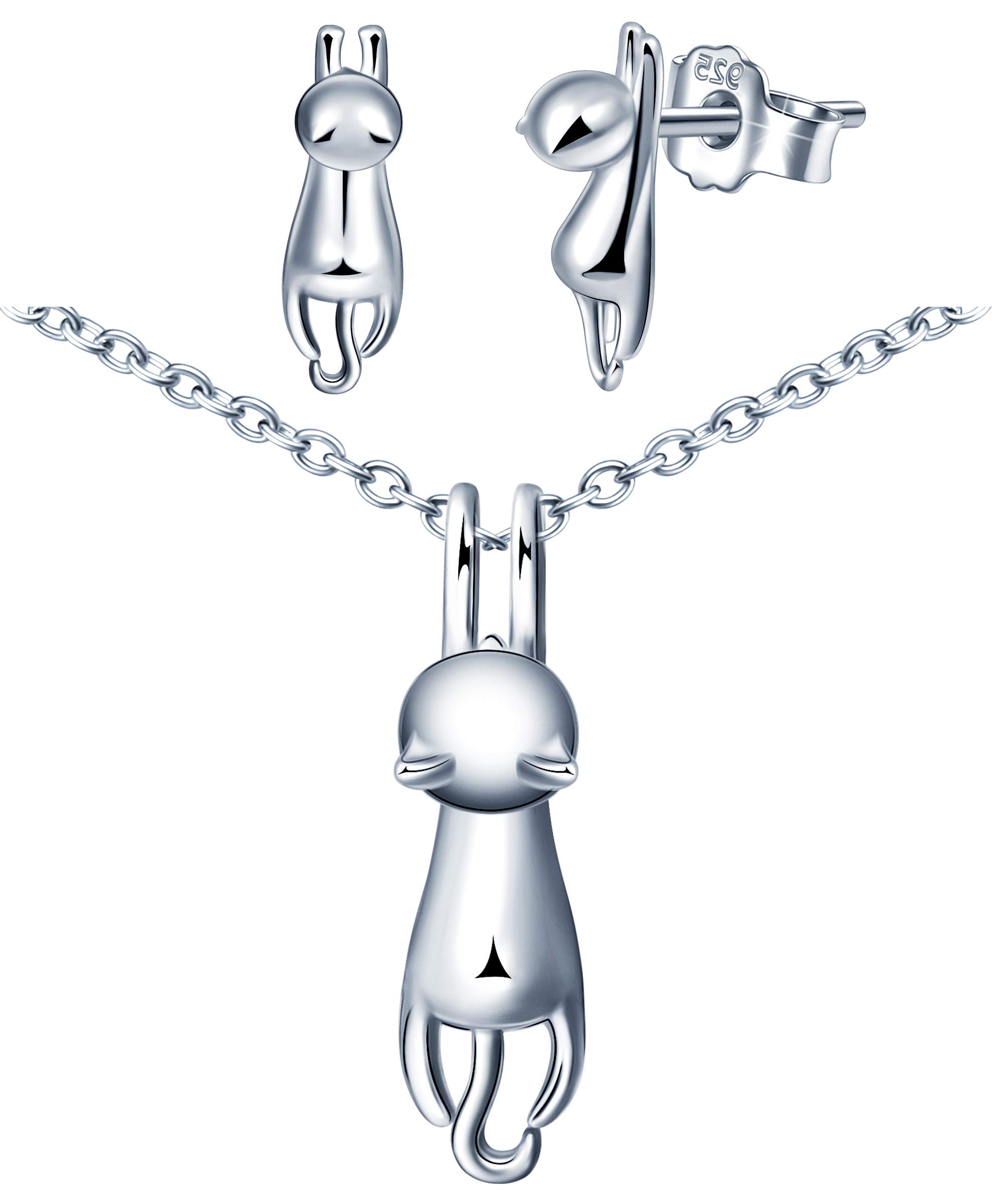 Yumilok Conjuntos de joyas de plata 925, lindo collar de gato, aretes únicos de gato, joyas elegantes para mujeres, regalos cumpleaños