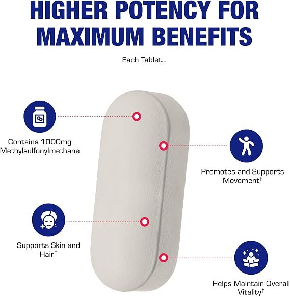 Methylsulfonylmethane MSM Supplement 1000mg - High Strength Soft Tissue & Joint Support Supplement with MSM from OptiMSM - Vegetarian Non-GMO & Made in the USA in cGMP Facilities - 60 Servings