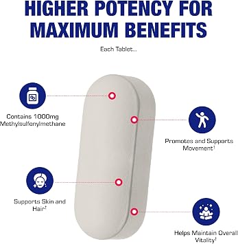 Methylsulfonylmethane MSM Supplement 1000mg - High Strength Soft Tissue & Joint Support Supplement with MSM from OptiMSM - Vegetarian Non-GMO & Made in the USA in cGMP Facilities - 60 Servings