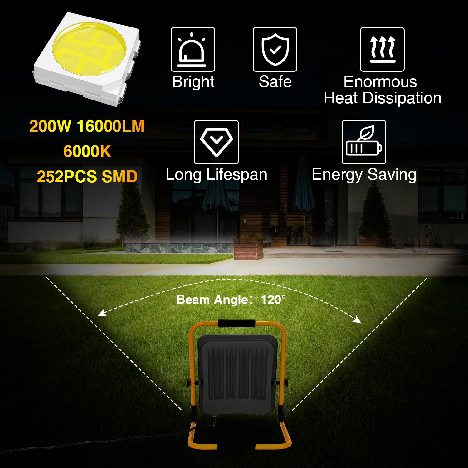 Fiqops 2x LED Baustrahler 200W 16000LM, Baustrahler LED mit stativ und 3m Kabel,LED Arbeitsleuchte mit Stecker,IP66 Wasserdichter Arbeitsscheinwerfer für Garage Werkstatt Baustelle,Kaltweiß