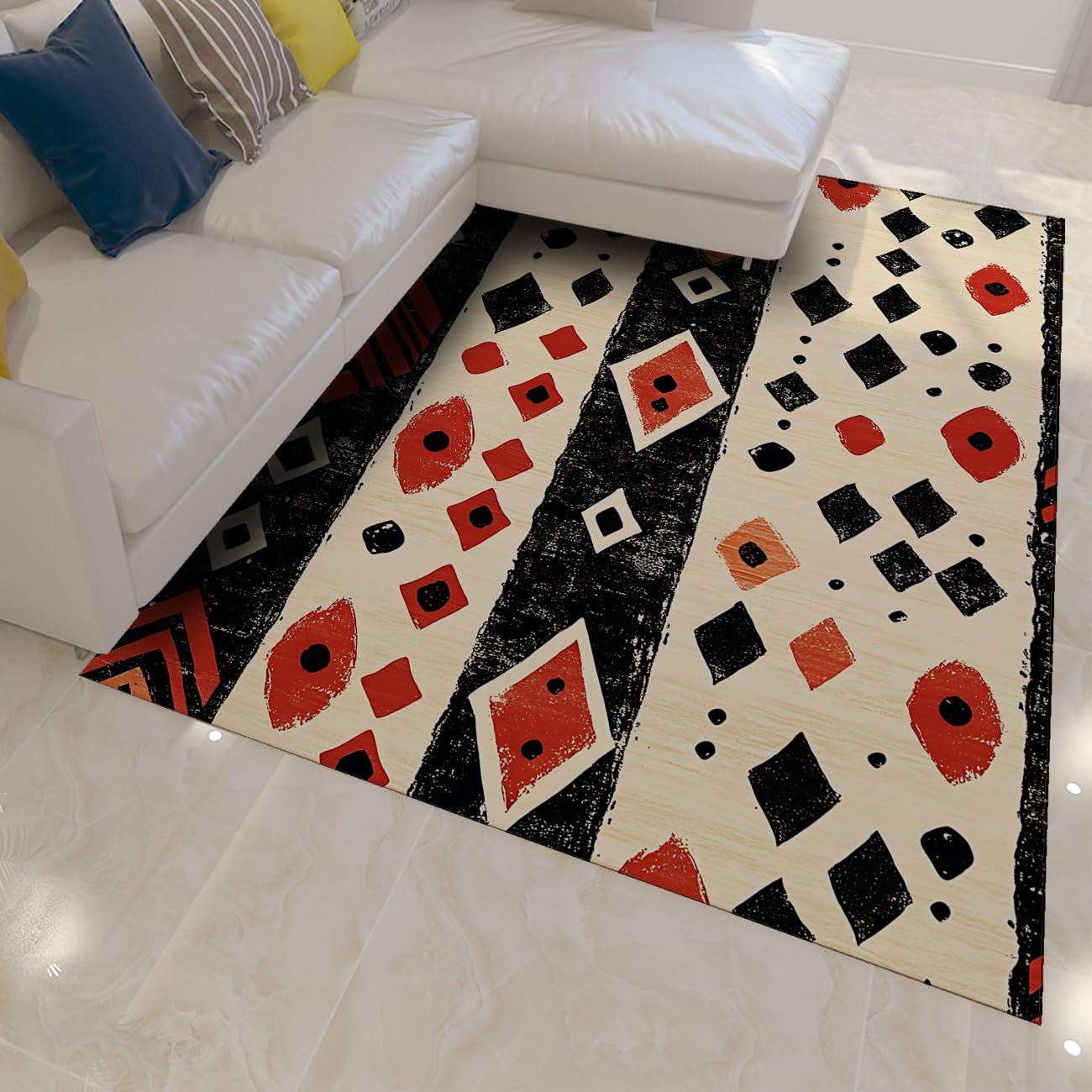 Moquette abstraite rouge et noir à losange avec tissage à poil bas