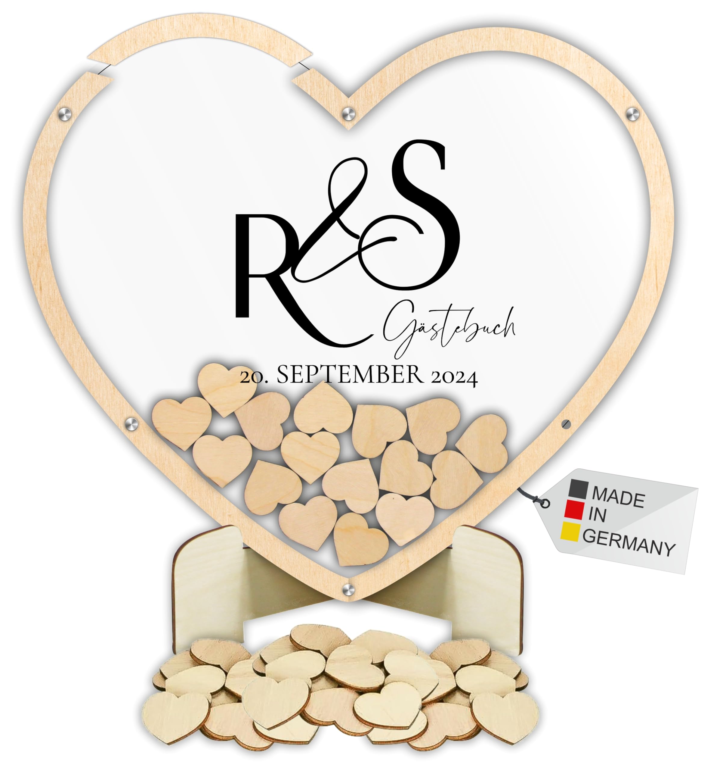 Manschin-Laserdesign Gästebuch Drop in aus Holz und Acrylglas zur Hochzeit, personalisiert, Wunschgravur, Wunschfarbe inkl. Herzen (Hintergrund Farbe Weiß)