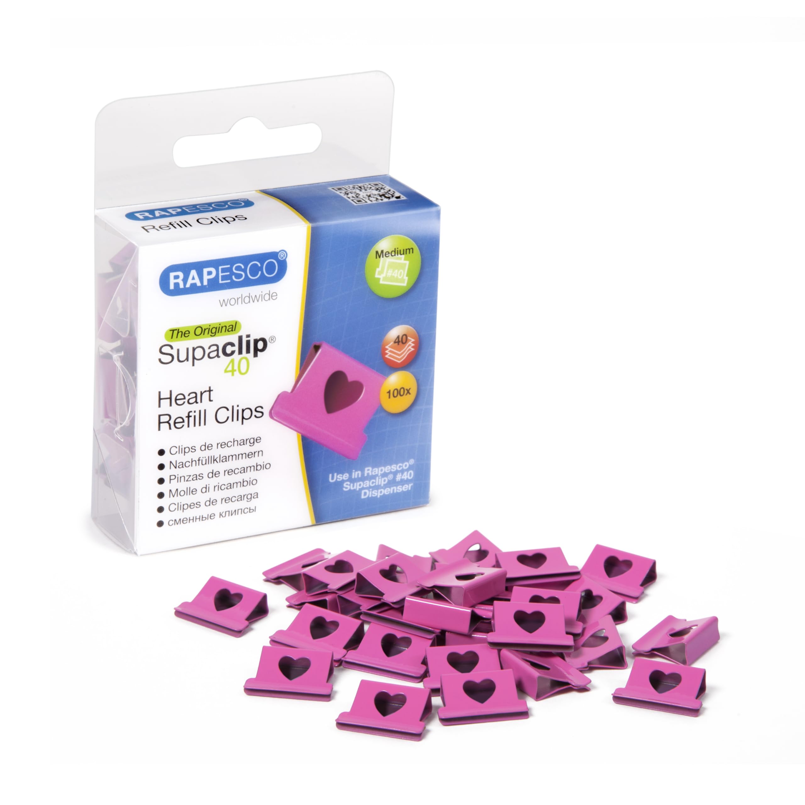 Rapesco 1334 Supaclip 40 Hearts Refill Clips, Hot Pink, Pack of 100