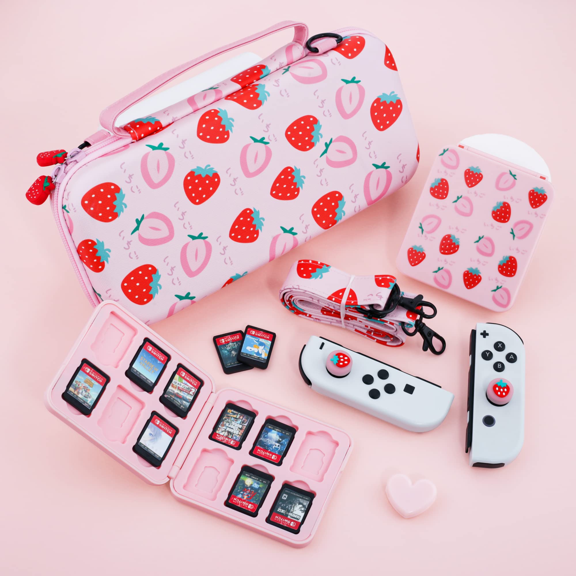 GLDRAM Custodia da trasporto rosa fragola per Nintendo Switch e modello OLED, protezione da viaggio portatile con custodia per carte da gioco, tracolla e 2 tappi per pollice, set di accessori per