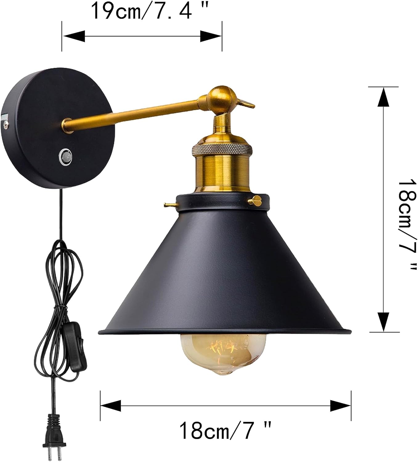 Timer Set PIR Motion Sensor Corded Wall Sconce E26 Base 5.9Ft Button Cable Black Metal Wall Lamp Vintage Design for Hallway Balcony Entrance Home(No Bulb)
