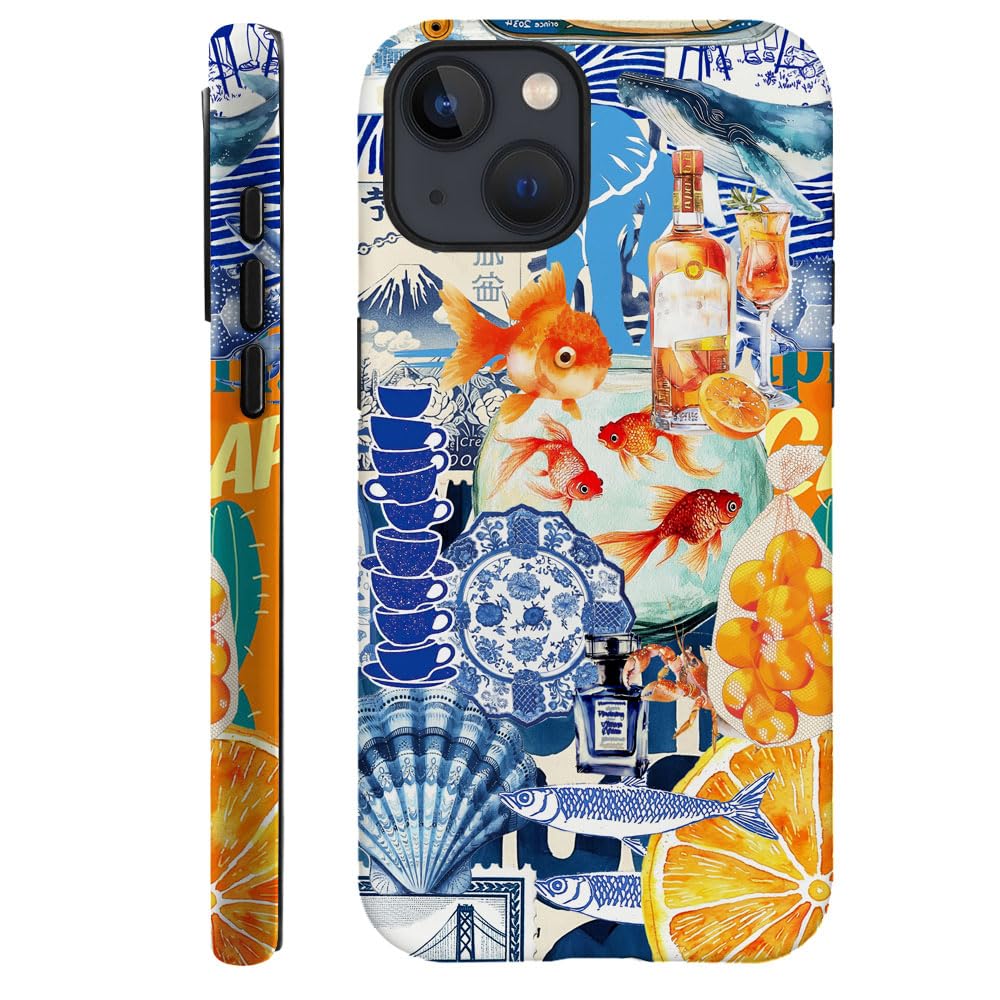 kiritfox Case Compatible with iPhone 14,Hybrid 2-Layer Hard Shell,Shockproof Soft for Girl Women,Shark Fish Seashell Fruit Collage
