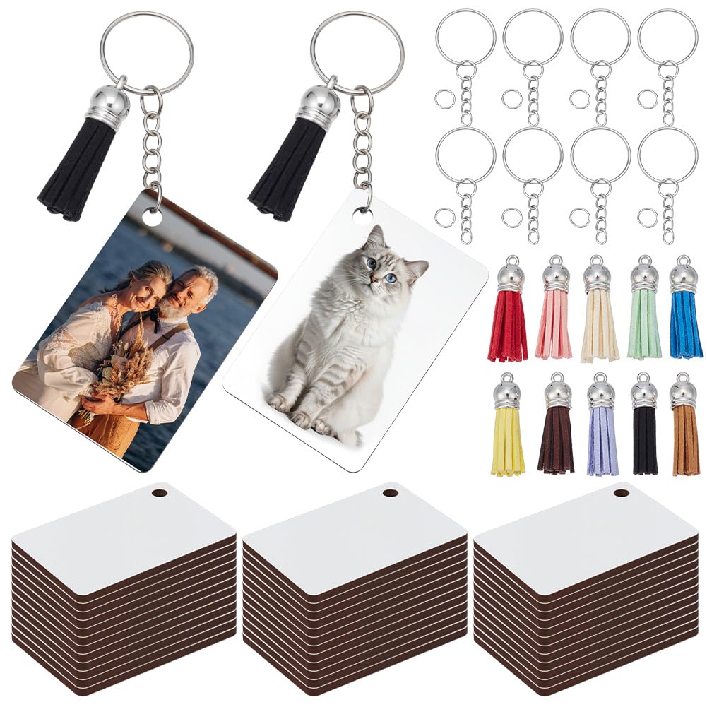 ORIGACH 260 llaveros rectangulares de sublimación de doble cara, juego a granel, llavero de sublimación de metal en blanco con anillos de clip y borlas de cuero de ciervo, llaveros de bricolaje para