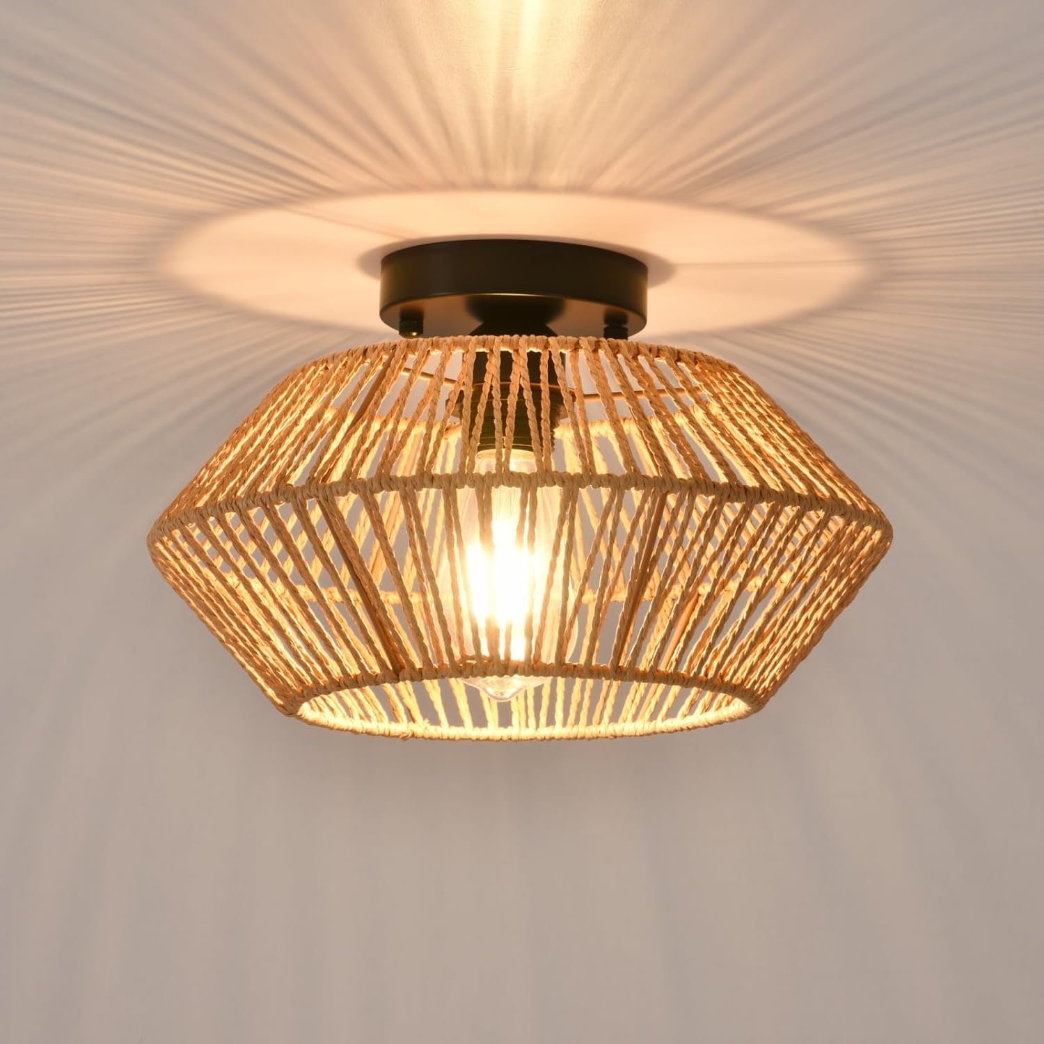 Rattan Ceiling Light, Boho Semi Flush Mount Ceiling Lighting Fixtures Hand-Woven Hemp Rope Cage Rustic Ceiling Lamp for Bedroom Kitchen Hallway Farmhouse (Brown)