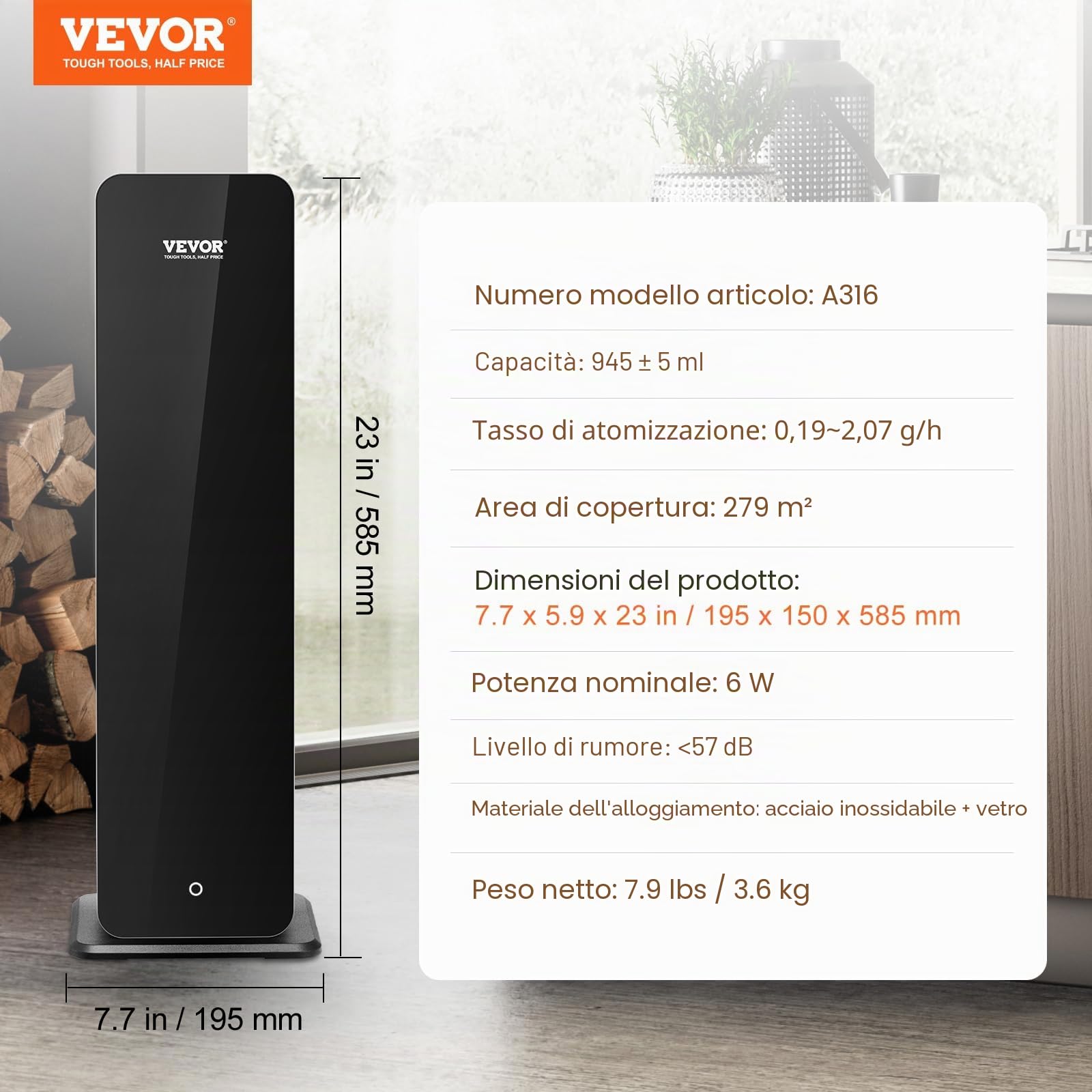 VEVOR Macchina per profumo, Bluetooth da 950 ml, diffusore d'aria per profumo di oli essenziali senz'acqua da 3000 piedi quadrati, macchina per aromaterapia stanze, ufficio, hotel