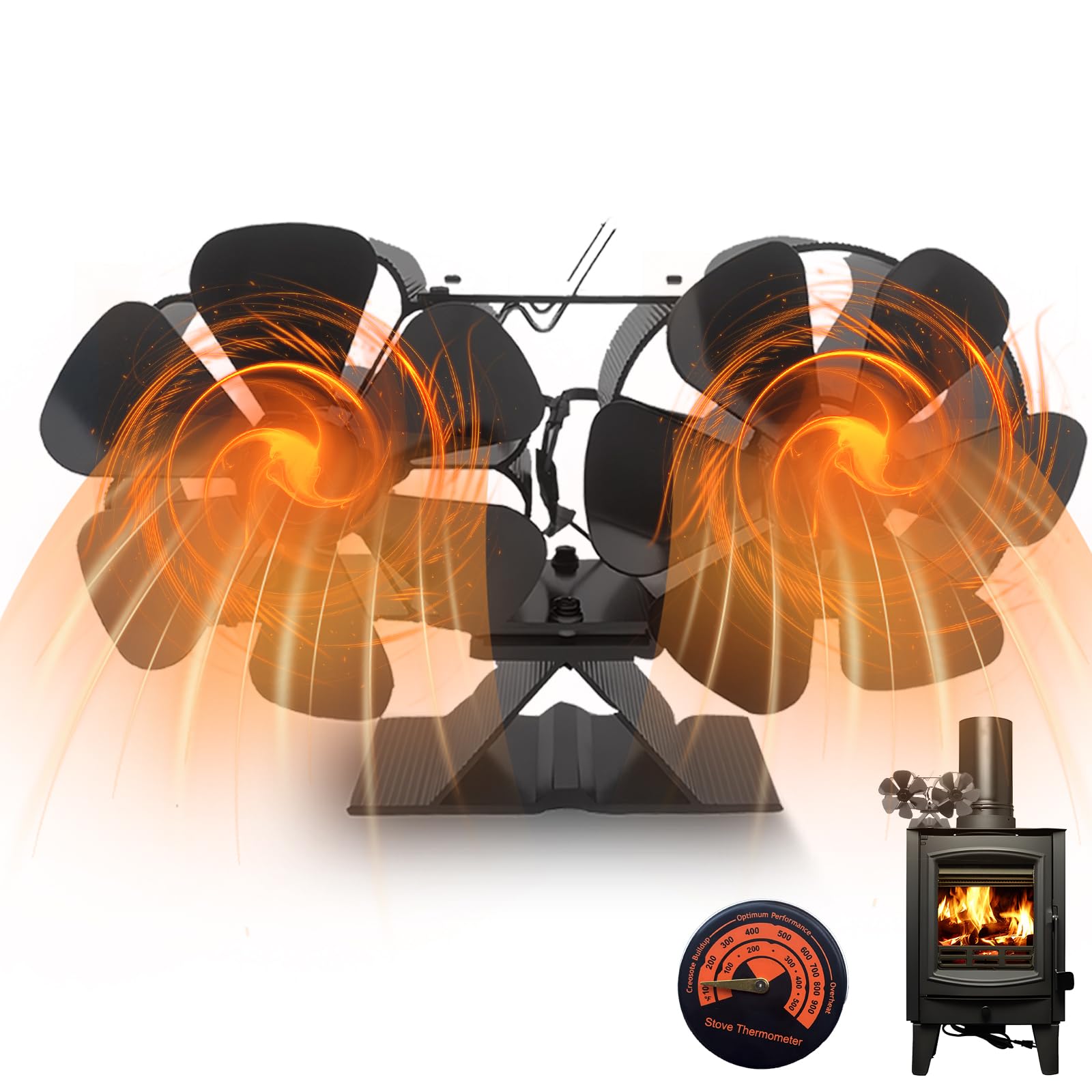 Ventola per Stufa a Legna,Ventilatore a Doppio Motore 12 Pale, Ventilatore per Camino Efficiente Dal Punto di Vista Termico/Silenzioso/in Alluminio,per Bruciatore di Tronchi,Stufa,Camino-Nero