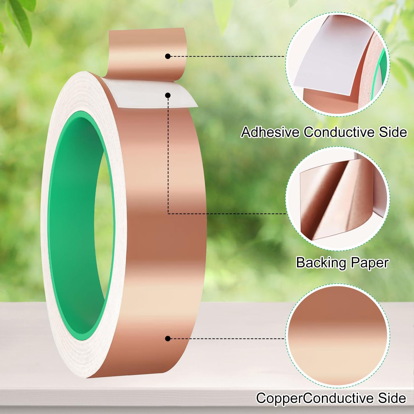 Kopertape zelfklevend 30 m x 30 mm, EMI-afschermingstape, ultradunne koperfolietape, koperen plakstrips Kopertape, soldeerbare enkelzijdig geleidend, koperfolie kopertape tegen slakken