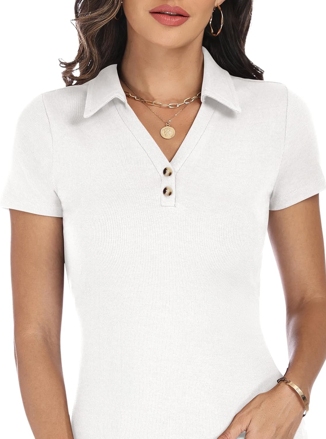 Women's Short Sleeve Polo Shirts Business Casual Tops Collared V Neck Shirts Ribbed Knit Slim Fit Blouse Summer Outfit