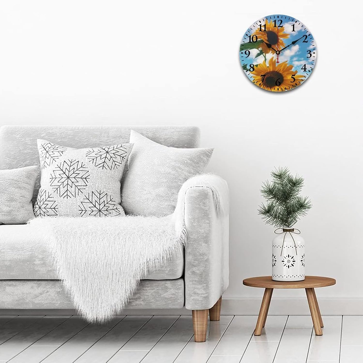 Wall Clock Yellow Sunflower Round Wooden Decorative Silent Non-Ticking Battery Operated Summer Holiday Sunflower Clocks 12 Inch Kitchen Dining Room Large Numbers Wood Clock