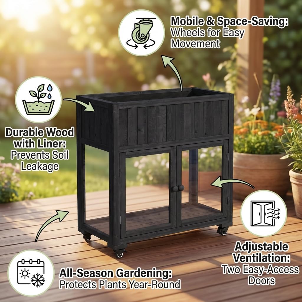 Mini Wood Cold Frame, Compact Garden Greenhouse with Plant Bench Two Doors and Wheels, Raised Potting Bench with Storage Planter Bed with Liner for Indoor Outdoor Potting Bench Use, Black