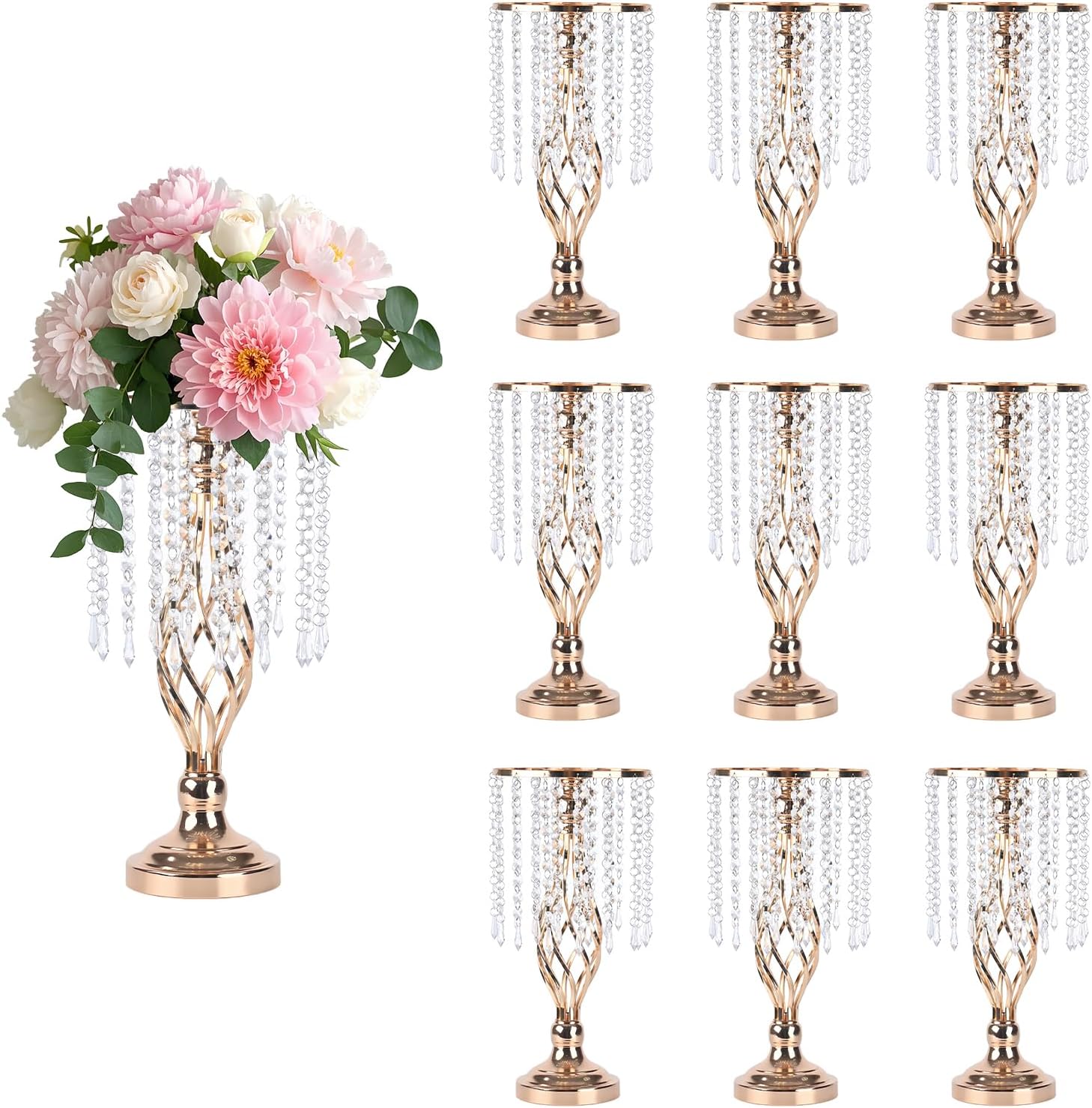 10 Pcs Crystal Flower Stand Gold Wedding Centerpieces 16.9 Inch Tall Gold Vase with Chandelier Metal Wedding Centerpiece Vase for Birthday Party Reception Festivals Party Decor (S-16.9inch)