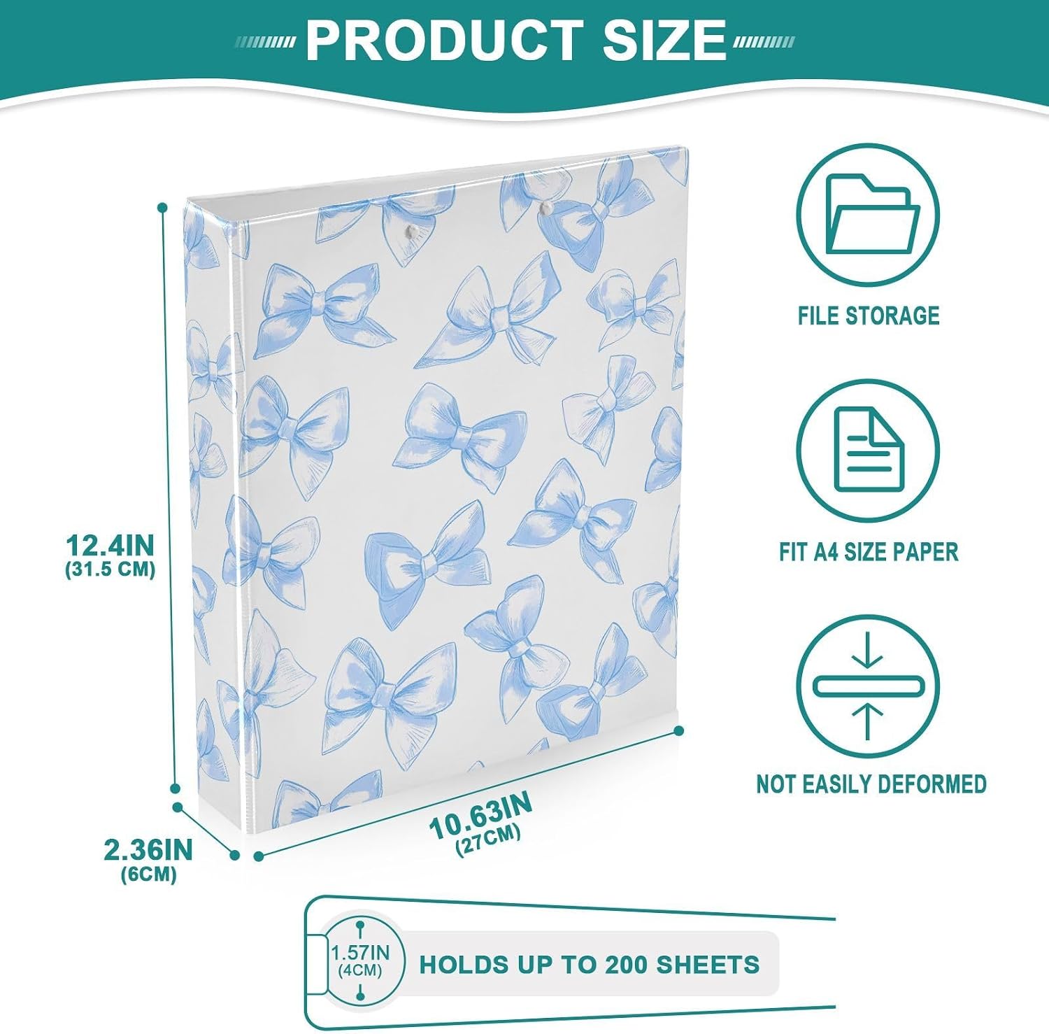 Cute 3 Ring Binder 1.5 Inch Ribbon Bow Heart, Heavy Duty Organizer Portfolio for School Office Supplies, Sweet Kawaii Hardcover Blue White image 5