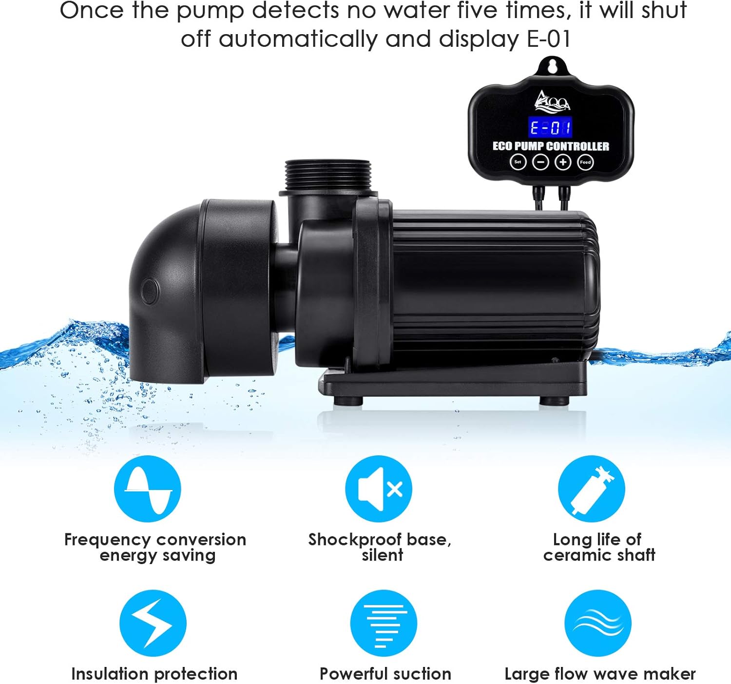 AQQA Controllable Aquarium Water Pump,75W 2400GPH Circulation Make Wave/Feed Mode/20 Options Flow Adjustable, Amphibious Submersible or Land Powerful Return Pump for Saltwater & Freshwater