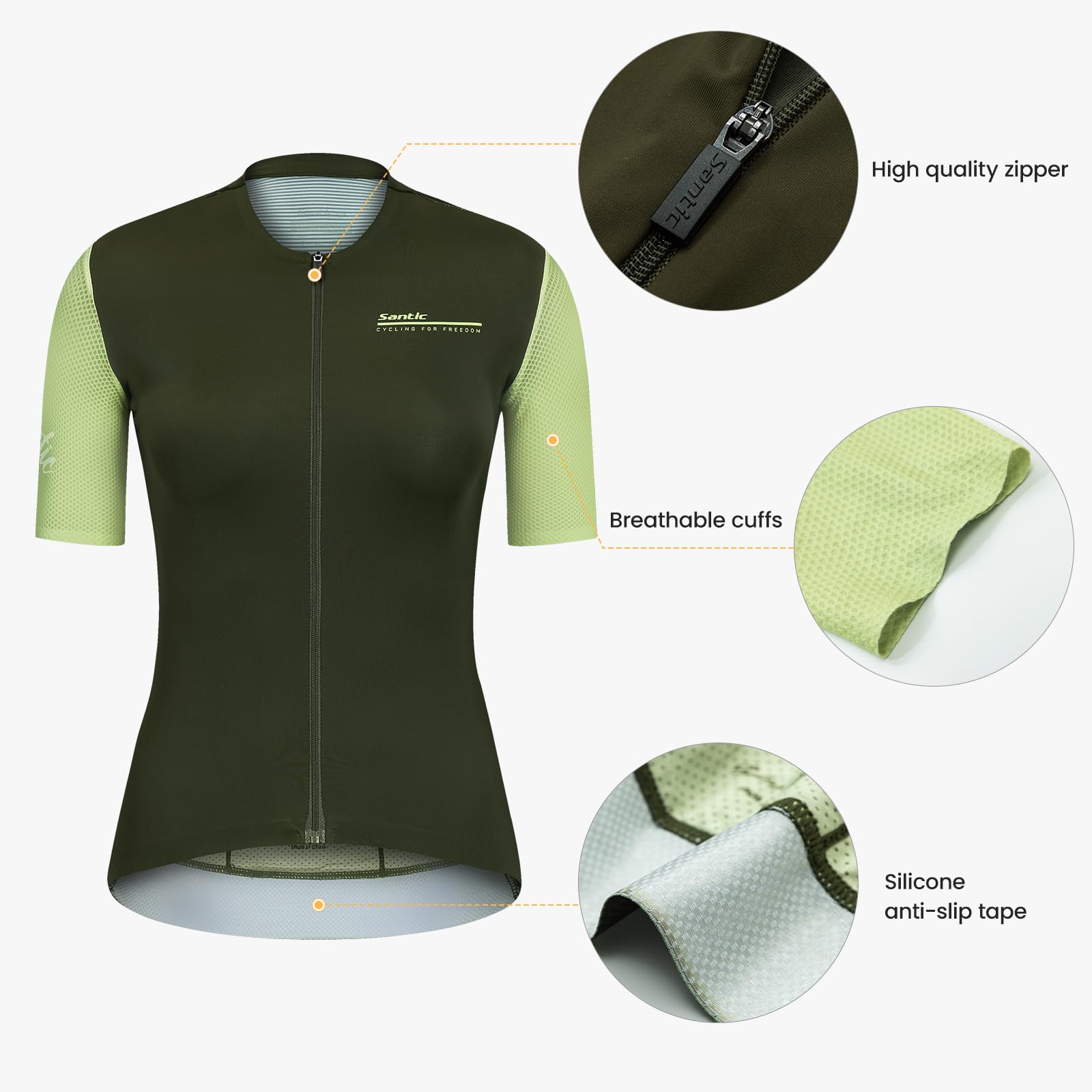 Santic Maillot de ciclismo para mujer, manga corta, con cremallera completa, UPF 50+, con bolsillos