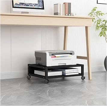 Printer Shelf Stand Rolling Under Desk Printer Stand Office Movable Printer Desk with 4 Wheels & Lock Mechanism Small and Short Printer Shelf for Mini 3D Printer, Black Printer Carts & Stands