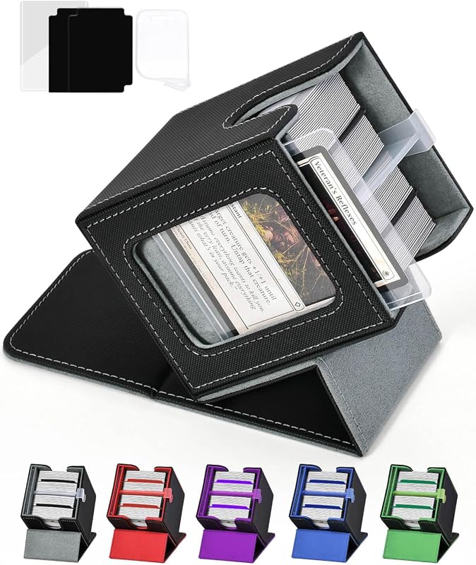 Card Deck Box with MTG Commander Display, Deck Case Holds 100+ Double-Sleeved Cards, Trading Card Storage Box Fits TCG/PTCG/Sports Card with 2 Dividers, Top Loaders (Black Grey)