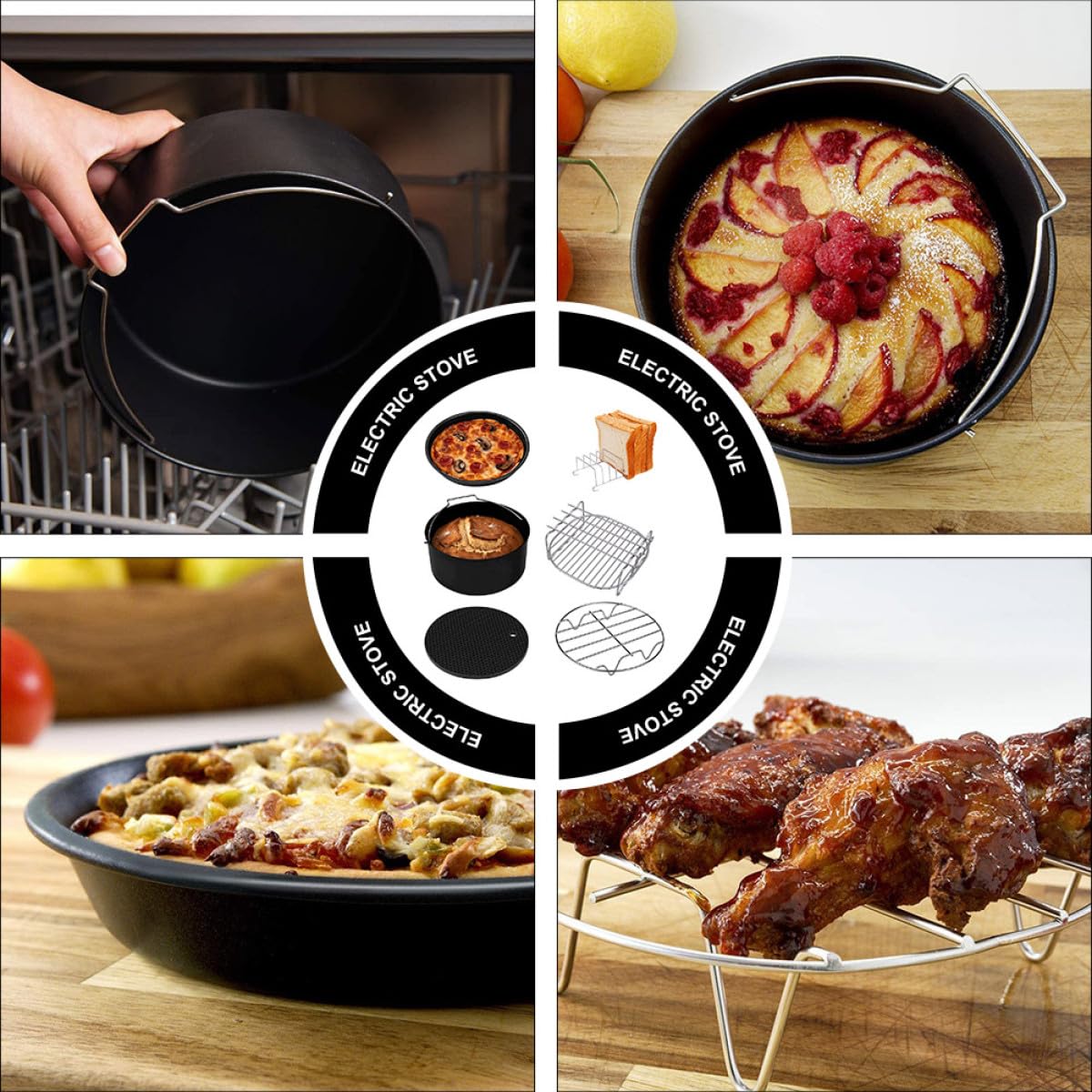 FRCOLOR 6 Stück Backutensilien aus Edelstahl für Heißluftfritteuse mit Pizzablech und Wabenmatte Gleichmäßige Hitzeverteilung für Küche und Grill
