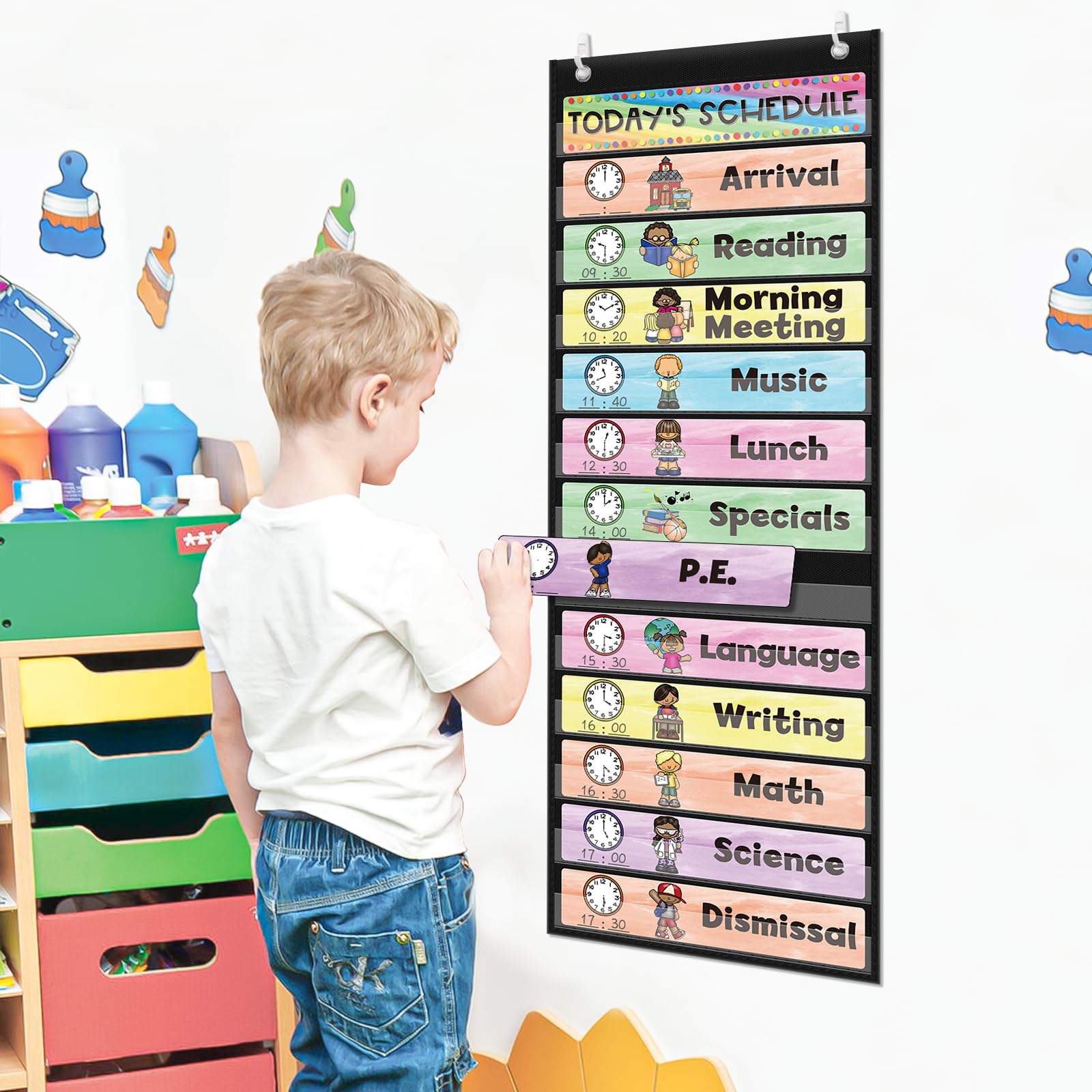 ABCxGOOD Daily Schedule Pocket Chart, Toddler Schedule Chart, 13+1 Pocket, with 21 Dry-Erase Reusable Cards Classroom Must Haves Pocket Chart