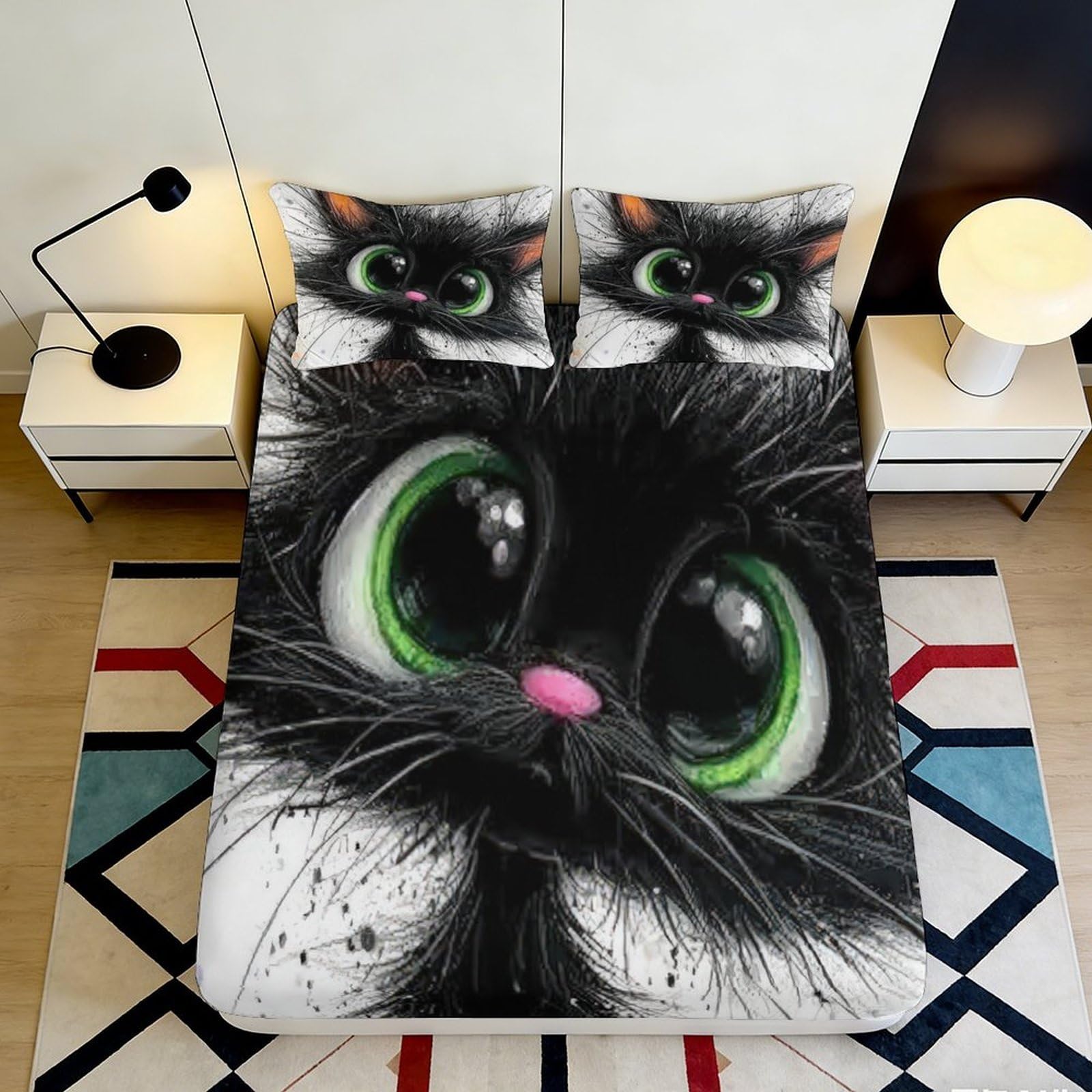3D Printed Black Cat Eyes Fitted Sheet Microfiber Soft Anti-Slip Cartoon Mattress Cover for Bedroom Dorm Decor 120x200cm 160x200x25cm