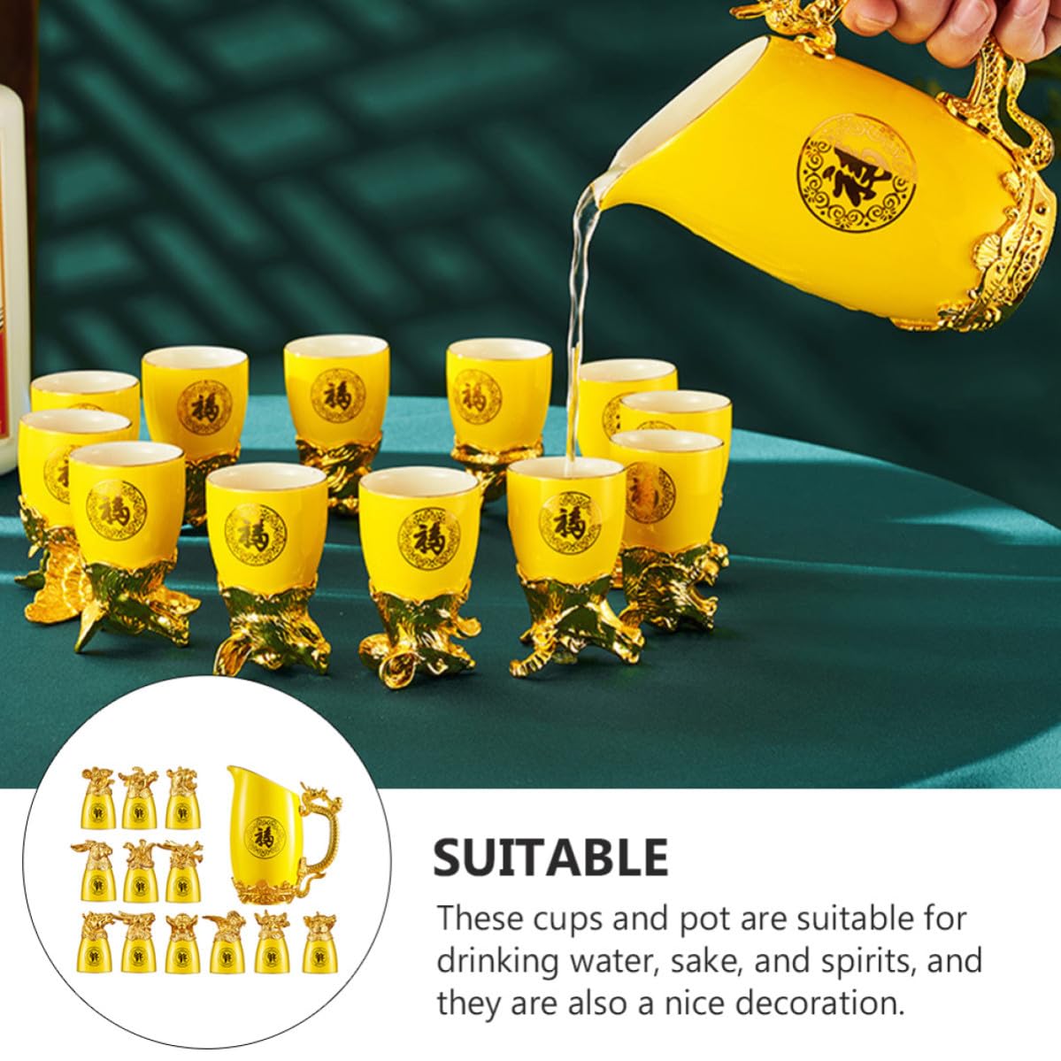 Set di Tazzine da Liquore dello Zodiaco Cinese in Ceramica Gialla Decoro Placcato Oro, Resistente a Rottura e Sbiadimento, per Casa e Bar
