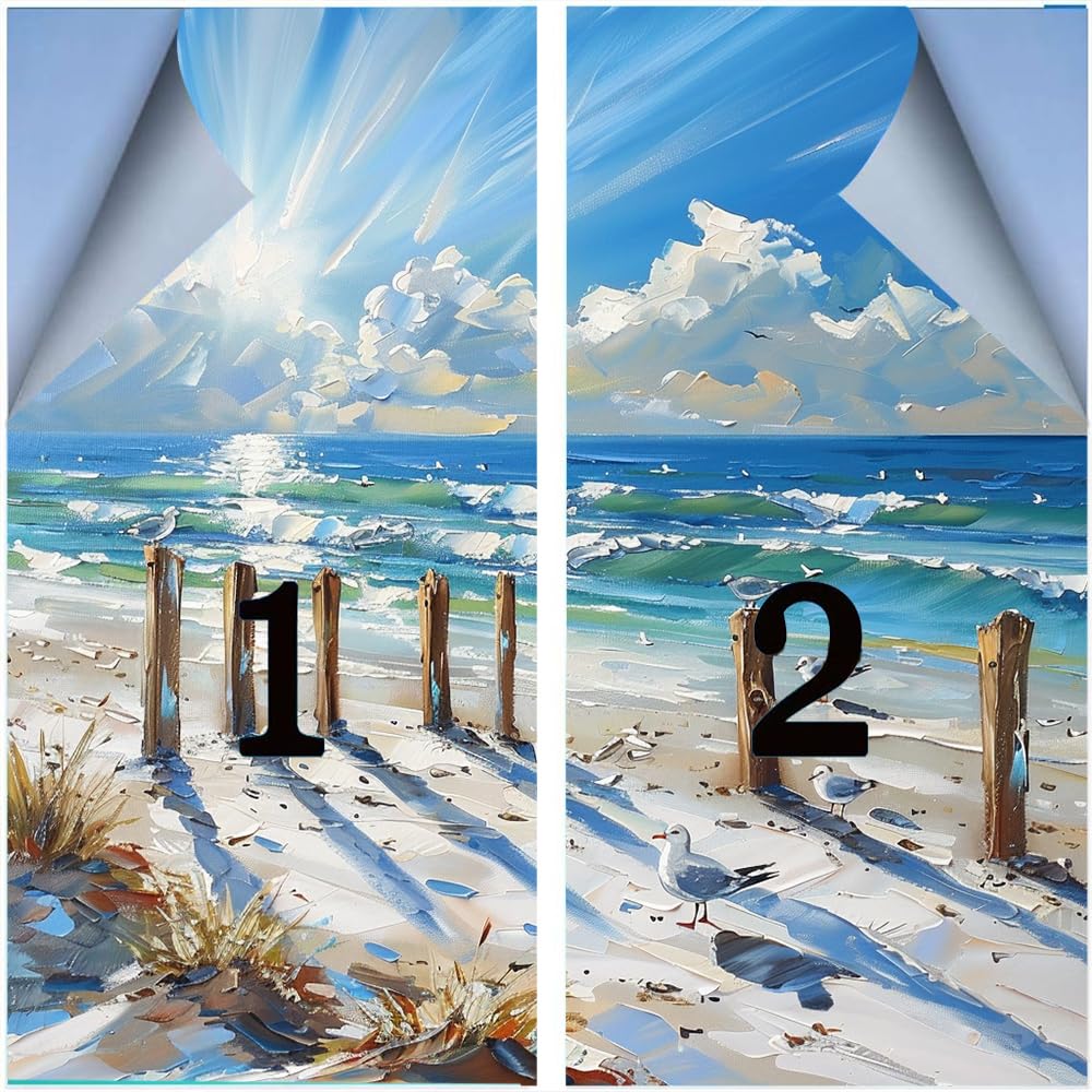 Bunte Sichtschutzfolie mit Meeresblick, Einweg-Fensterfolie, natürlich, blau, Strand, Möwen, abstrakt, hitzeblockierend, selbstklebend, Sichtschutz, 70 x 100 cm, 2 Stück