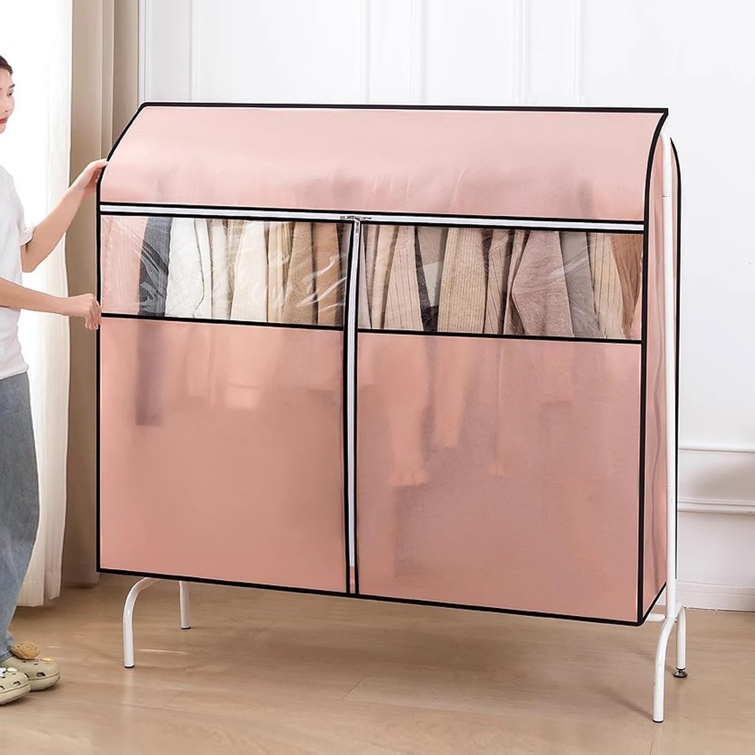 PEVA Dustproof Clothes Rail Cover, Non-Woven Closet Garment Cover With Transparent Window Multicolor 60-150x120cm(Pink,60x120cm/24x47in)