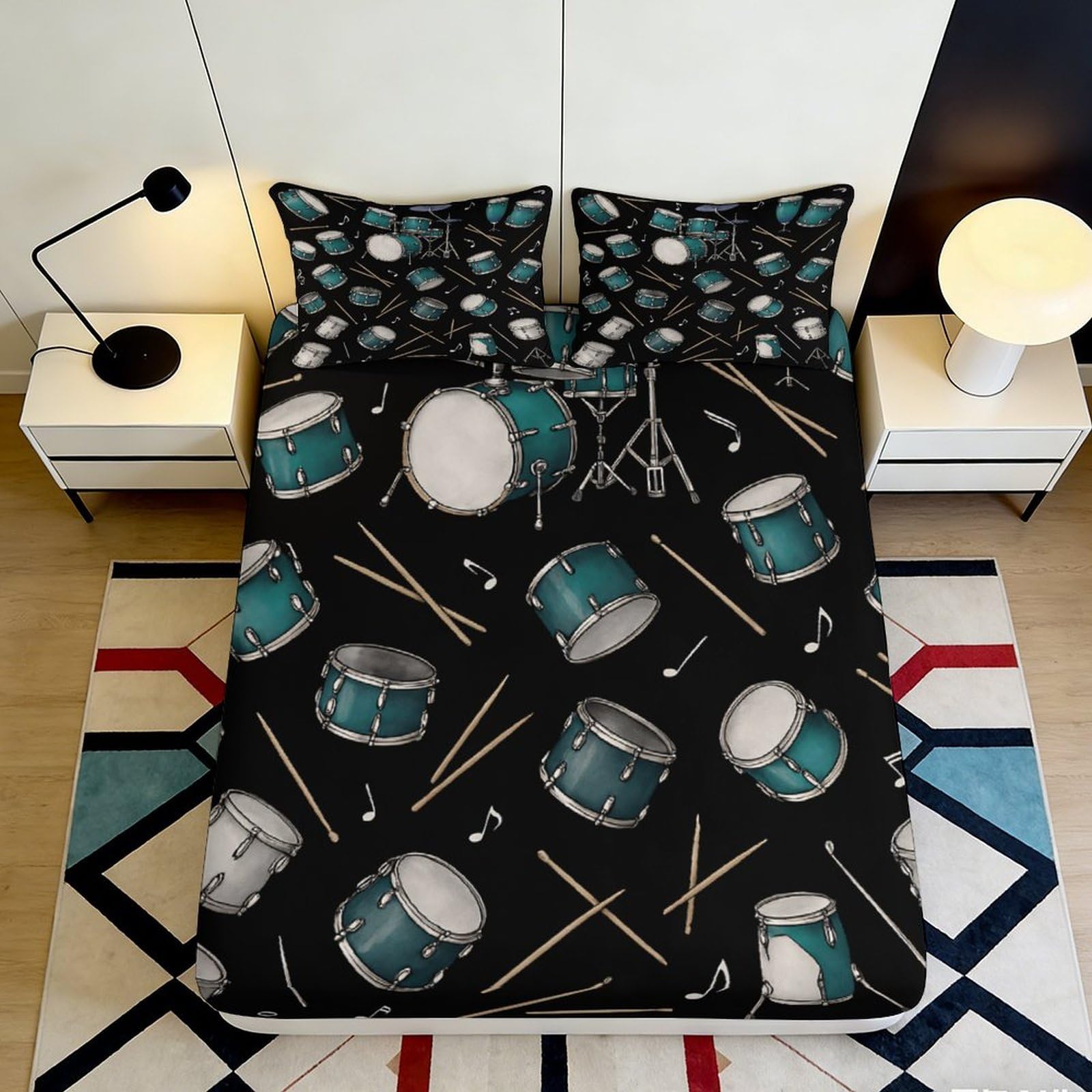 3D Printed Drum Kit Fitted Sheet Microfiber Black Music Notes Bed Sheet for Bedroom Guest Room Mattress Cover 120x200x25cm