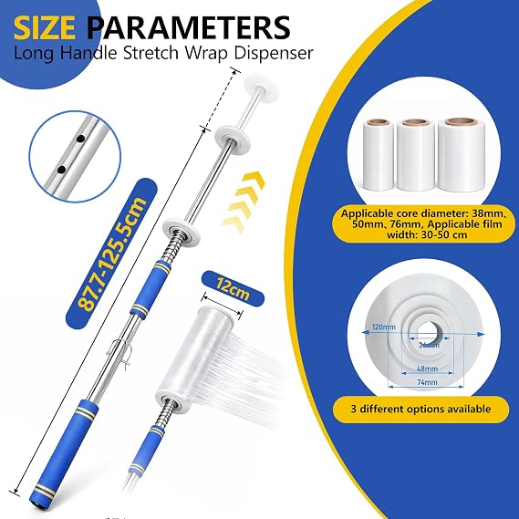 Long Handle Pallet Stretch Wrap Dispenser, Stretch Wrap Dispenser for Film Width 12-20 inch, Rolls 1.5 to 3 Diamater, Stretch Wrap with Handles for Warehouse, Logistics, Factory Shipping & Packaging