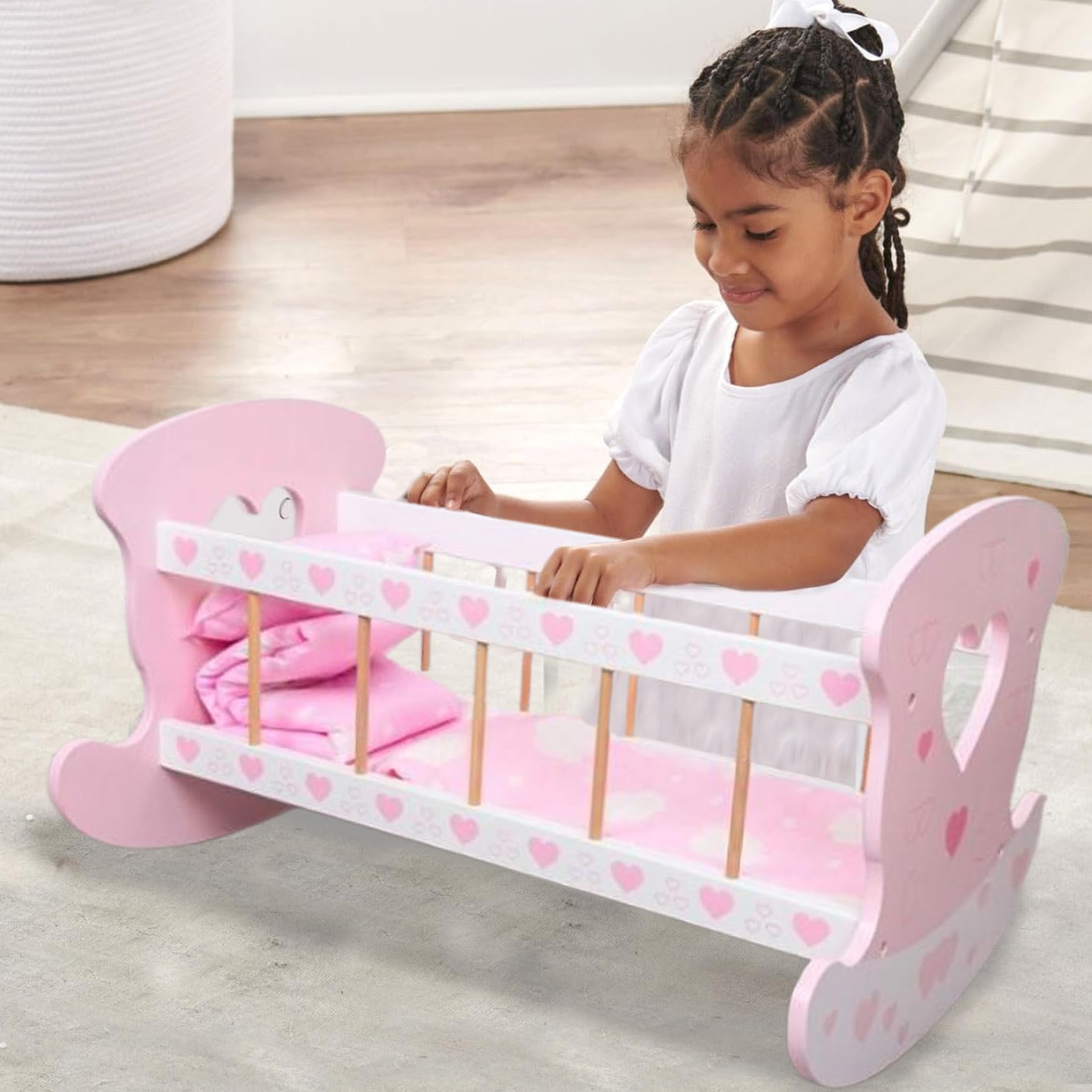 Cuna para muñecas de 18 Pulgadas, Cama para muñecas de Madera con cojín, Manta y Almohada, Lindo Juguete de Cuna Mecedora para niños a Partir de 3 años. Juguetes y Juegos.