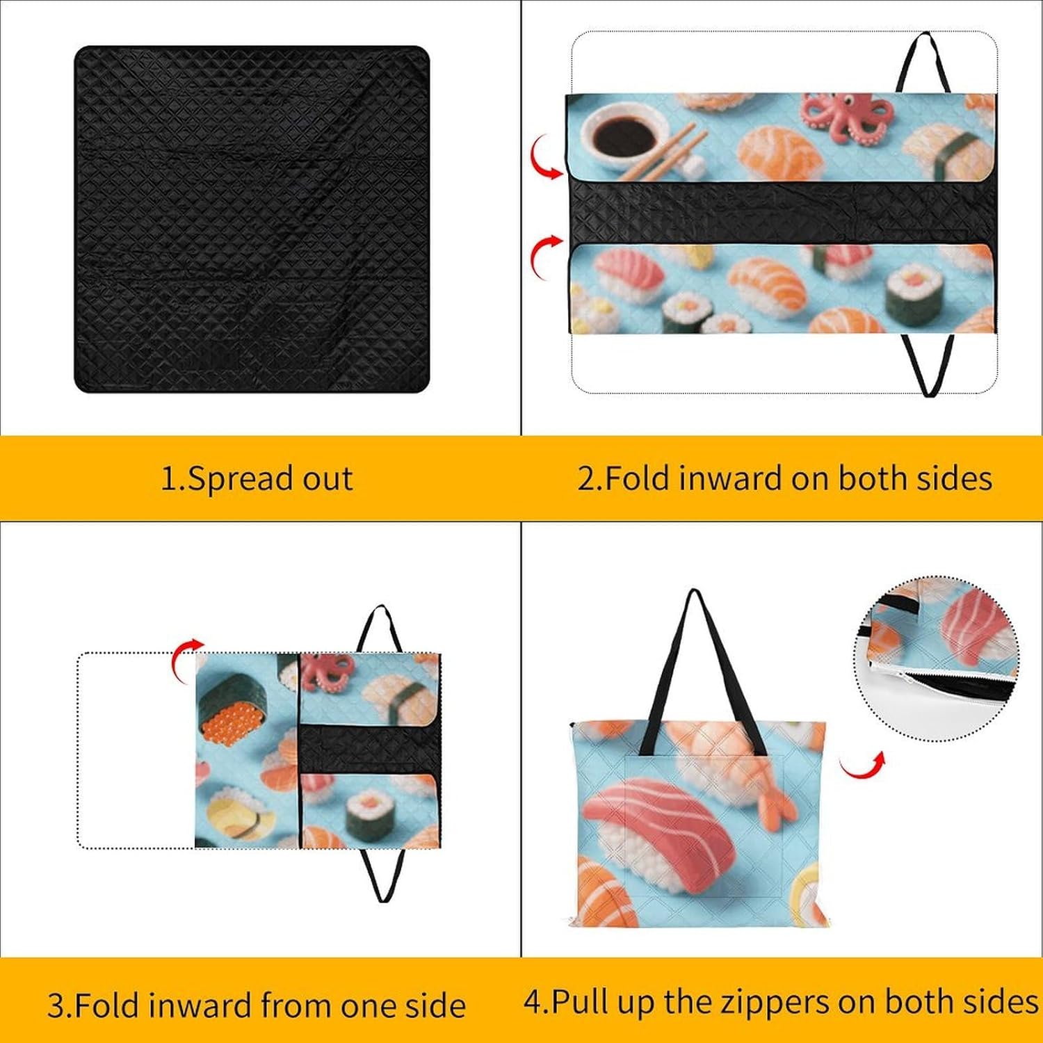 Many Sushi Food Picnic Blanket 150x150cm, Foldable 2-in-1 Picnic Mat and Tote Bag Portable Waterproof Beach Mat Sandproof Outdoor Blanket for Park, Hiking, Beach, Camping, Travel