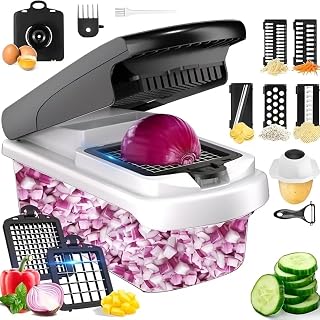 Kitchen Vegetable Chopper with Container - 15 in 1 Manual Onion & Veggie Dicer, Multifunctional Food Slicer & Potato Cutter
