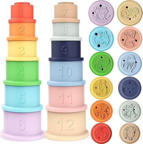 Maliton Juguete de tazas apilables, divertido y educativo de silicona suave para bebés, con letras numéricas, juguetes apilables para niños pequeños